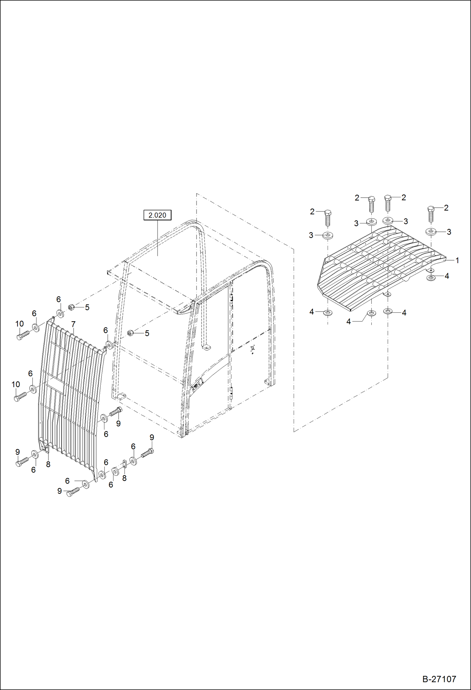 Схема запчастей Bobcat 442 - PROTECTION GRID Operators Cab Roof MAIN FRAME