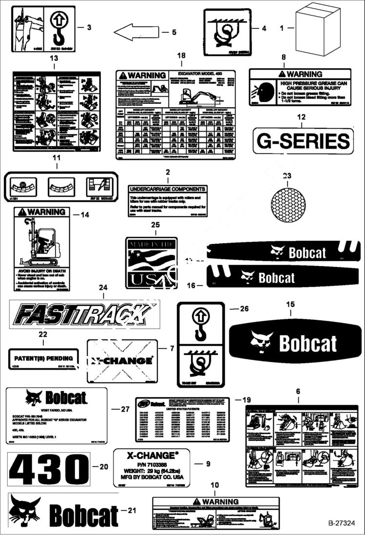 Схема запчастей Bobcat 430 - DECALS (Outside) ACCESSORIES & OPTIONS