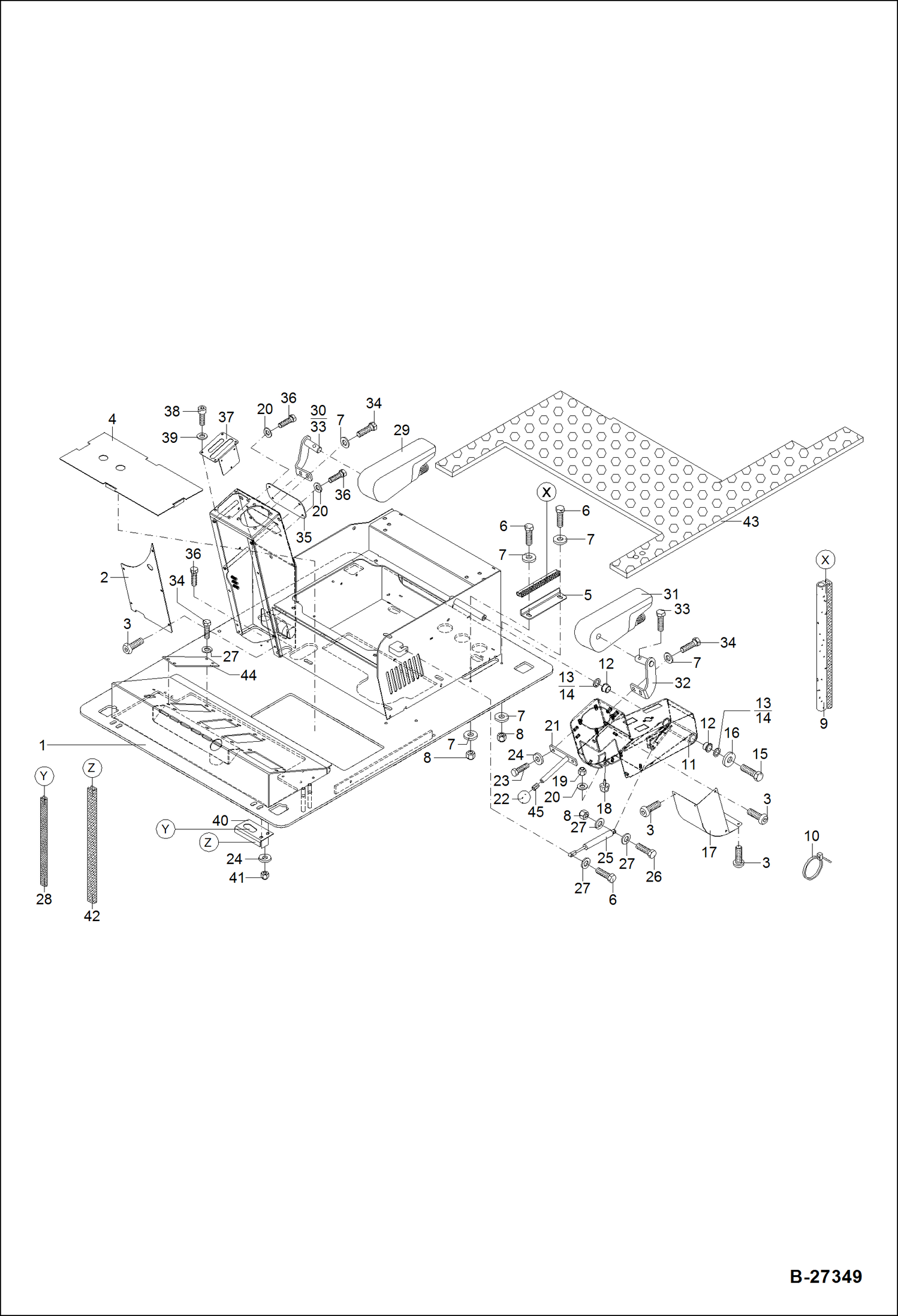 Схема запчастей Bobcat ZX75 - FLOOR FRAME S/N XXXX/2841 & Bel MAIN FRAME