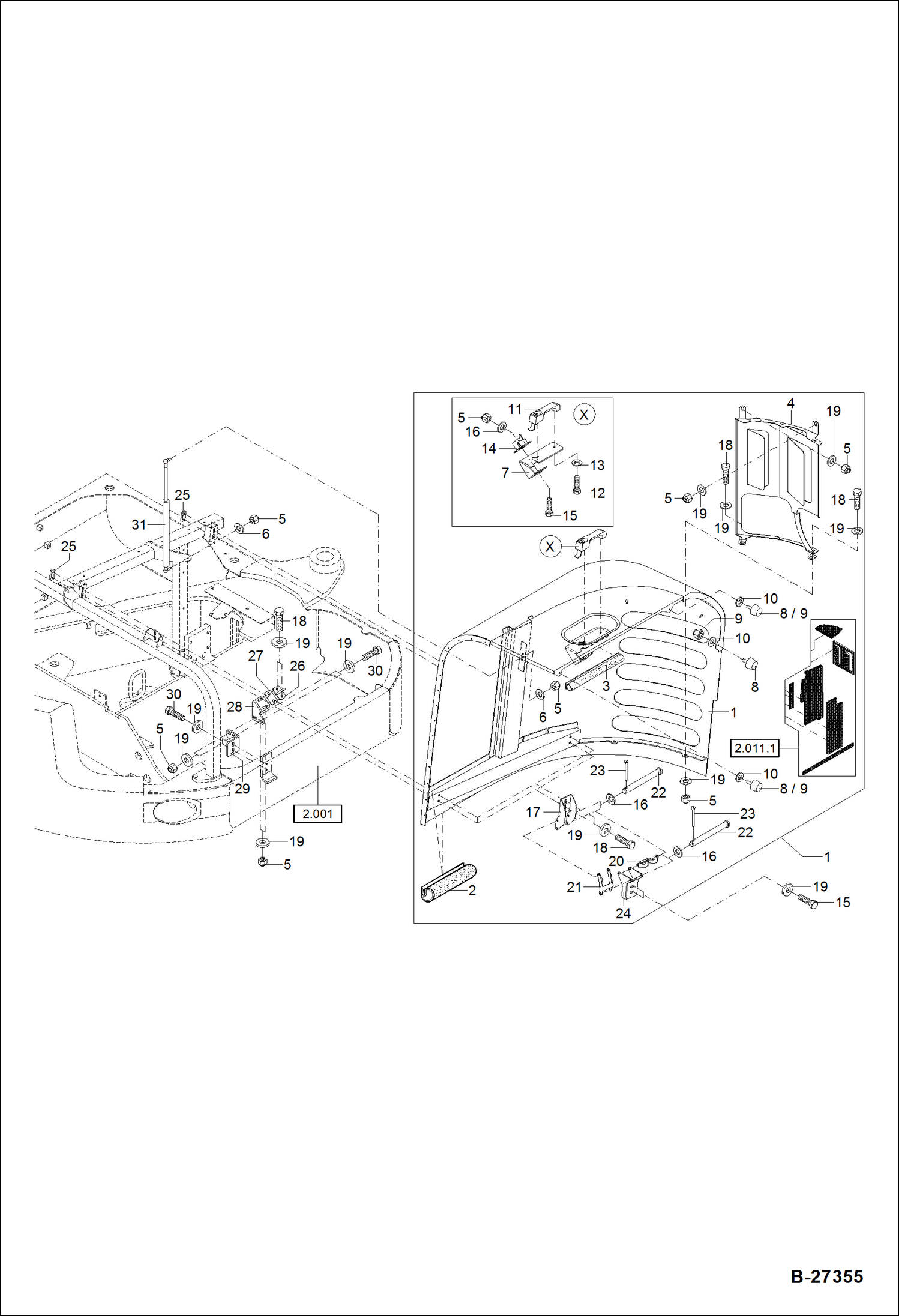 Схема запчастей Bobcat ZX75 - ENGINE HOOD XXXX/2613 & Abv; + 2420;2445; 2446; 2565-2569; 2575; 2577; 2578; 2581-2585; 2587; 2588; 2590; 2594; 2596-2603; 2605-2608; 2610; 2611 MAIN FRAME