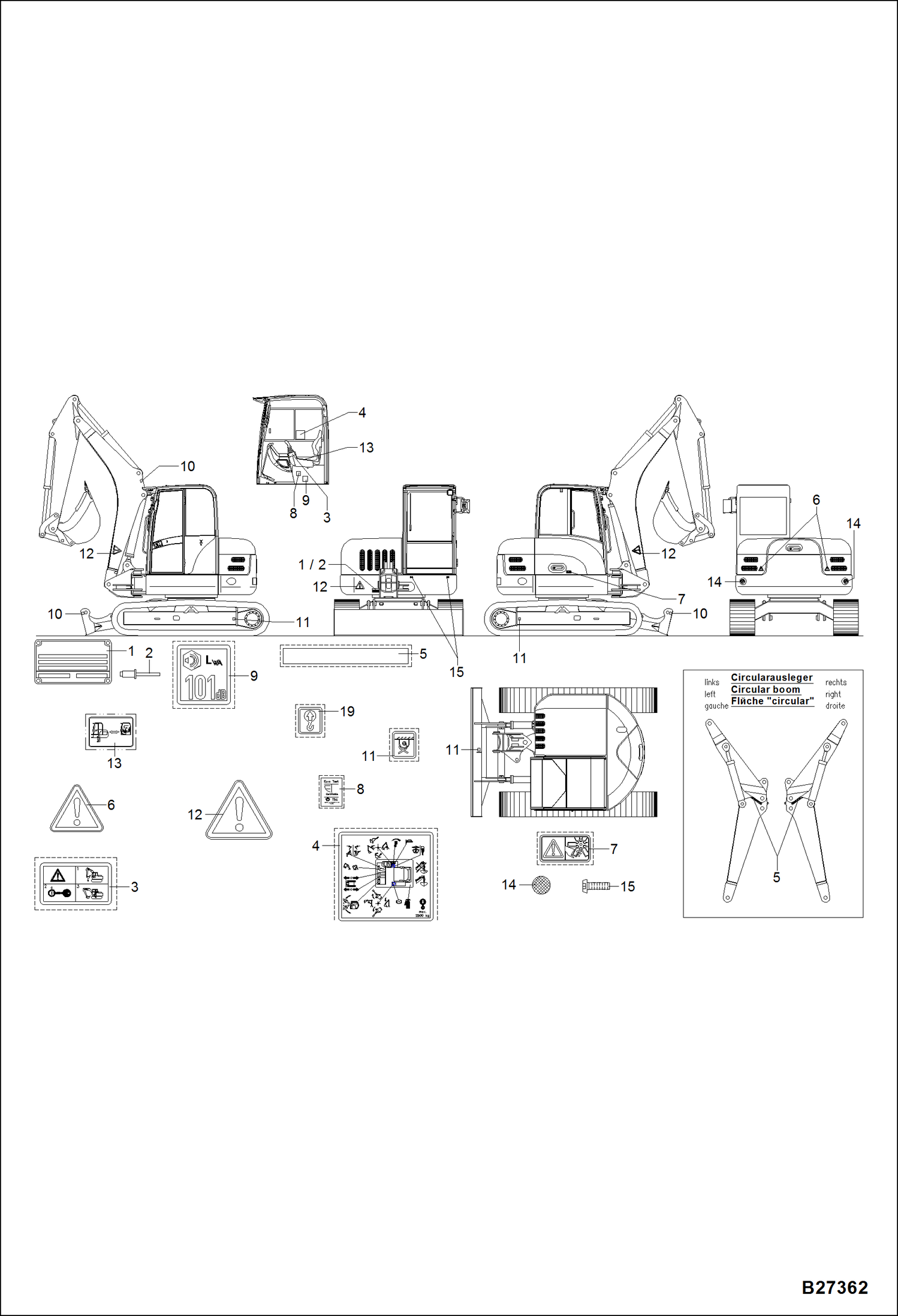 Схема запчастей Bobcat ZX75 - DECALS ACCESSORIES & OPTIONS