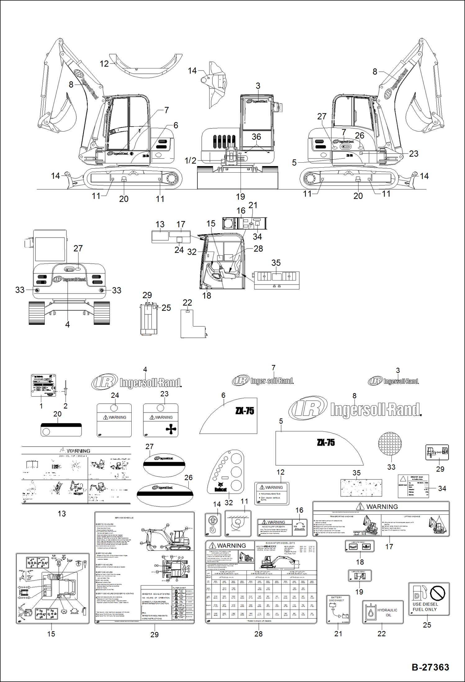 Схема запчастей Bobcat ZX75 - DECALS - INGERSOLL-RAND ACCESSORIES & OPTIONS