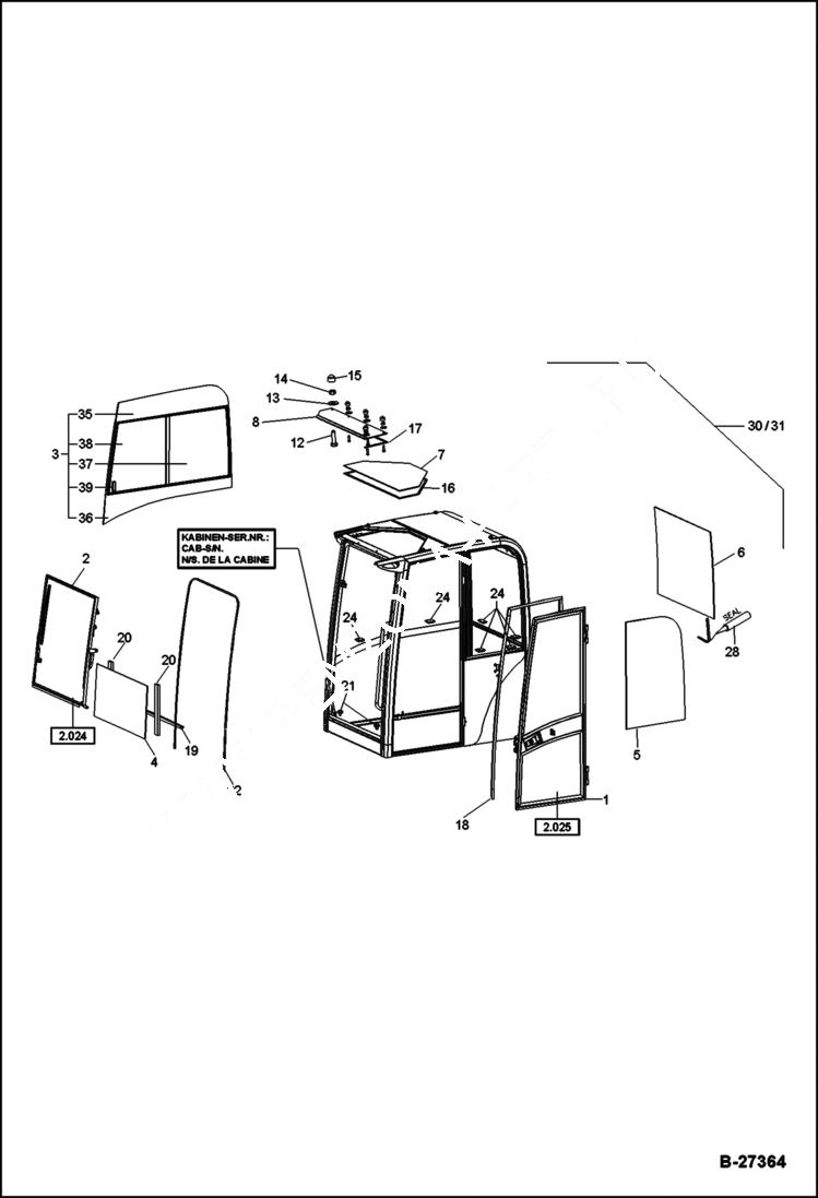 Схема запчастей Bobcat ZX75 - OPERATORS CAB CEMENTED PANES - GLASSES MAIN FRAME