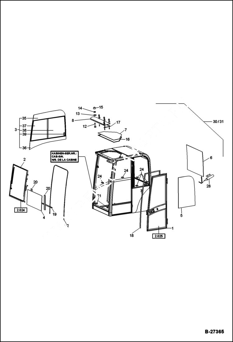 Схема запчастей Bobcat ZX75 - OPERATORS CAB CEMENTED PANES - GLASSES MAIN FRAME