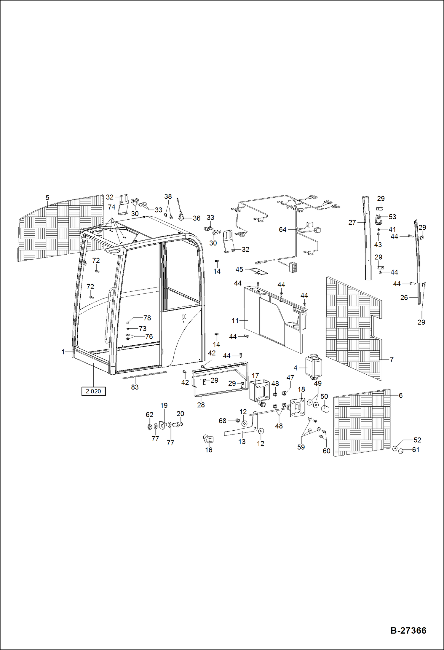 Схема запчастей Bobcat ZX75 - OPERATORS CAB - EQUIPMENT 1 MAIN FRAME