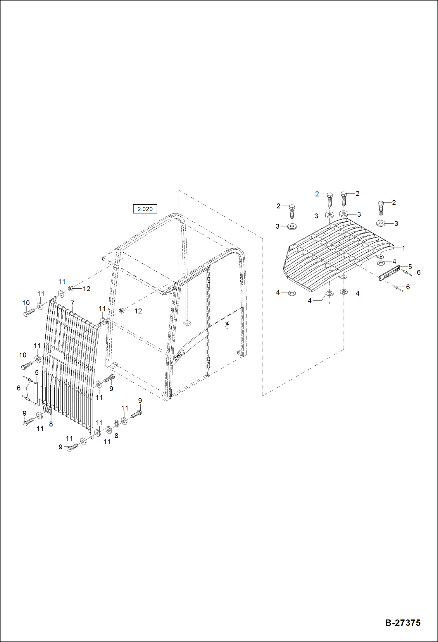 Схема запчастей Bobcat ZX75 - PROTECTION GRID - OPERATORS CAP ROOF MAIN FRAME