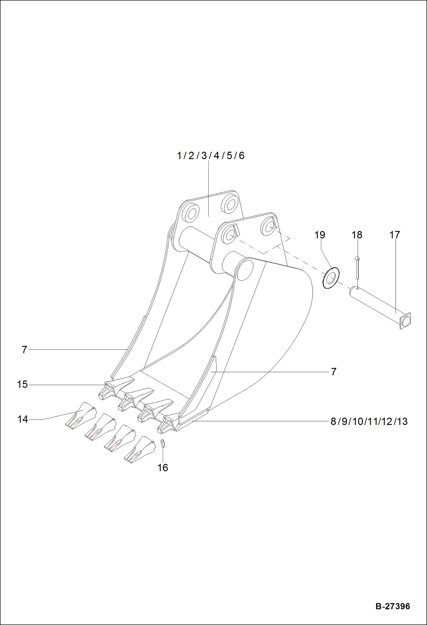 Схема запчастей Bobcat ZX75 - BUCKET - 300,450,500,600, 800,900 MM ACCESSORIES & OPTIONS