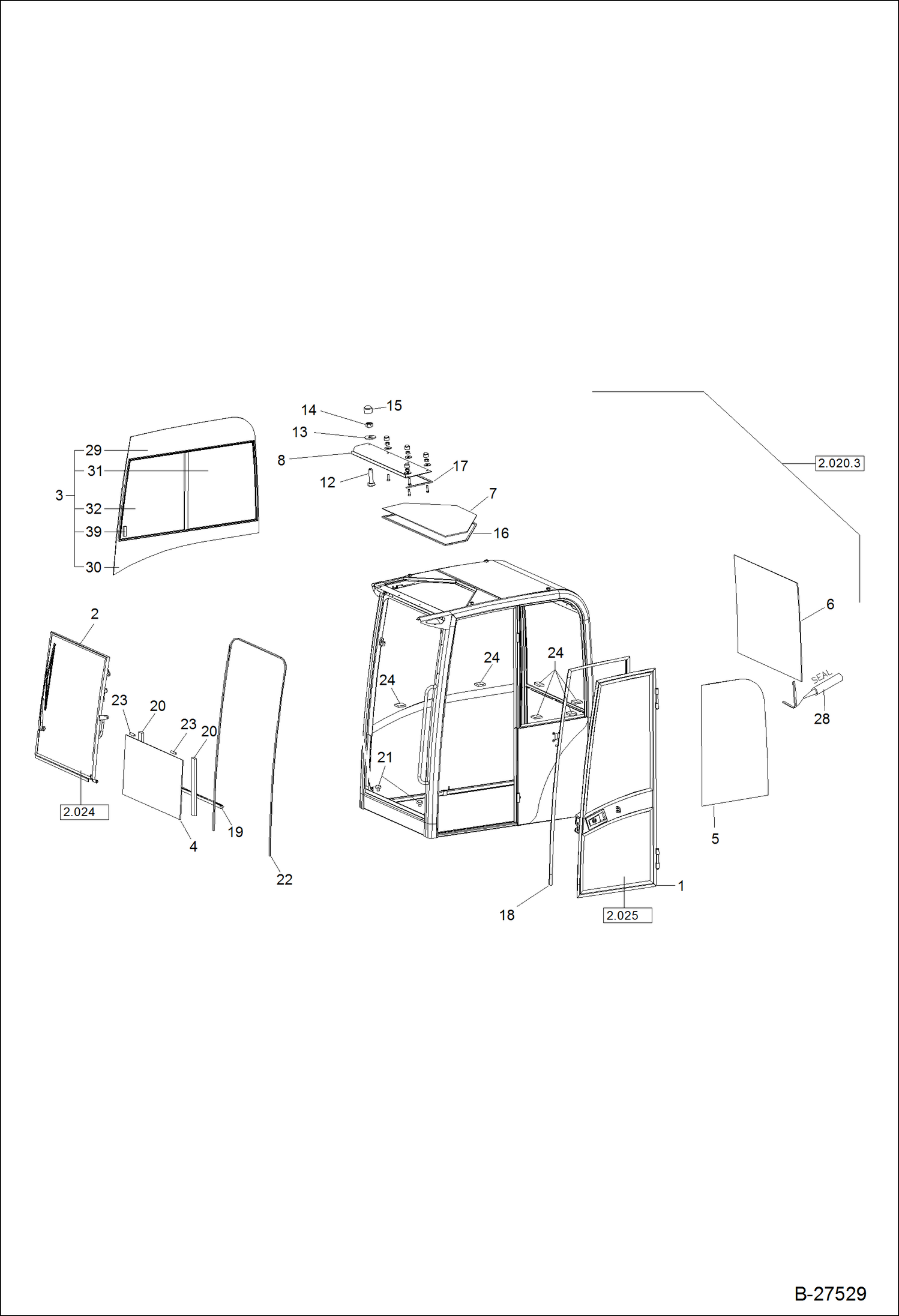 Схема запчастей Bobcat ZX125 - OPERATORS CAB CEMENTED PANES Cab S/N.: 202.031.069 & Bel MAIN FRAME