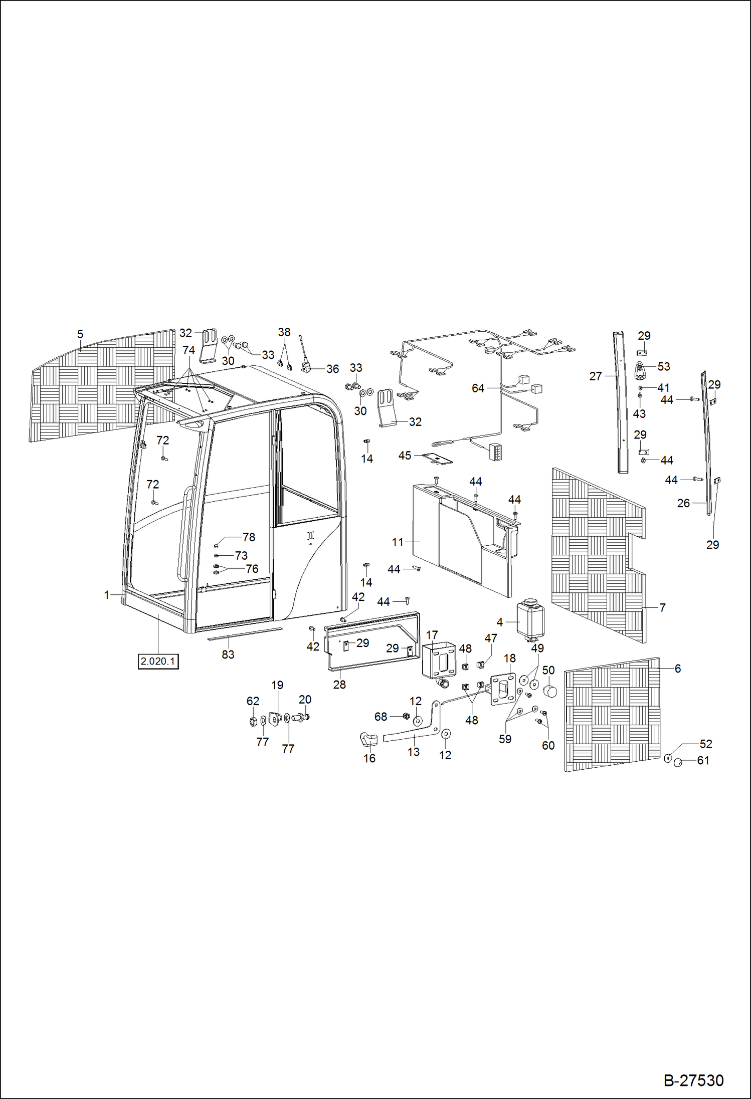 Схема запчастей Bobcat ZX125 - OPERATORS CAB Equipment 1 Cab S/N.: 202.031.070 - 202.041.72 MAIN FRAME