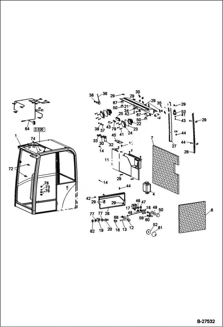 Схема запчастей Bobcat ZX125 - OPERATORS CAB Equipment 1 Cab S/N.: 202.031.069 & Bel MAIN FRAME