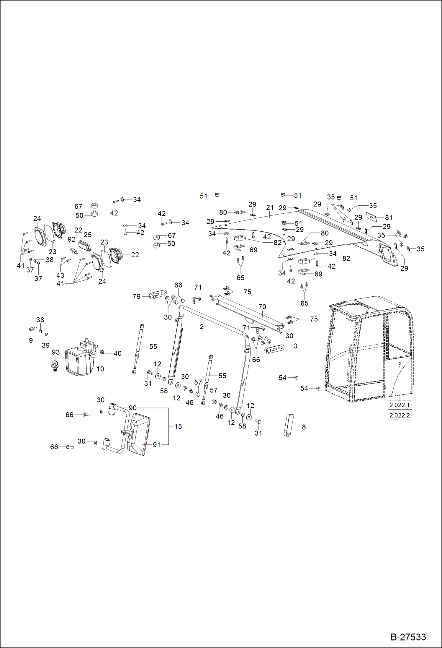 Схема запчастей Bobcat ZX125 - OPERATORS CAB Equipment 2 Cab S/N.: 202.031.070 & Abv MAIN FRAME