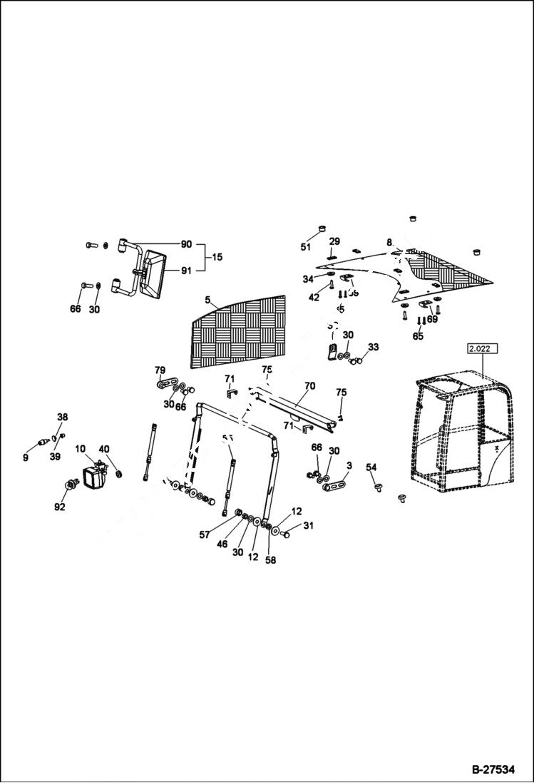 Схема запчастей Bobcat ZX125 - OPERATORS CAB Equipment 2 Cab S/N.: 202.031.069 & Bel MAIN FRAME