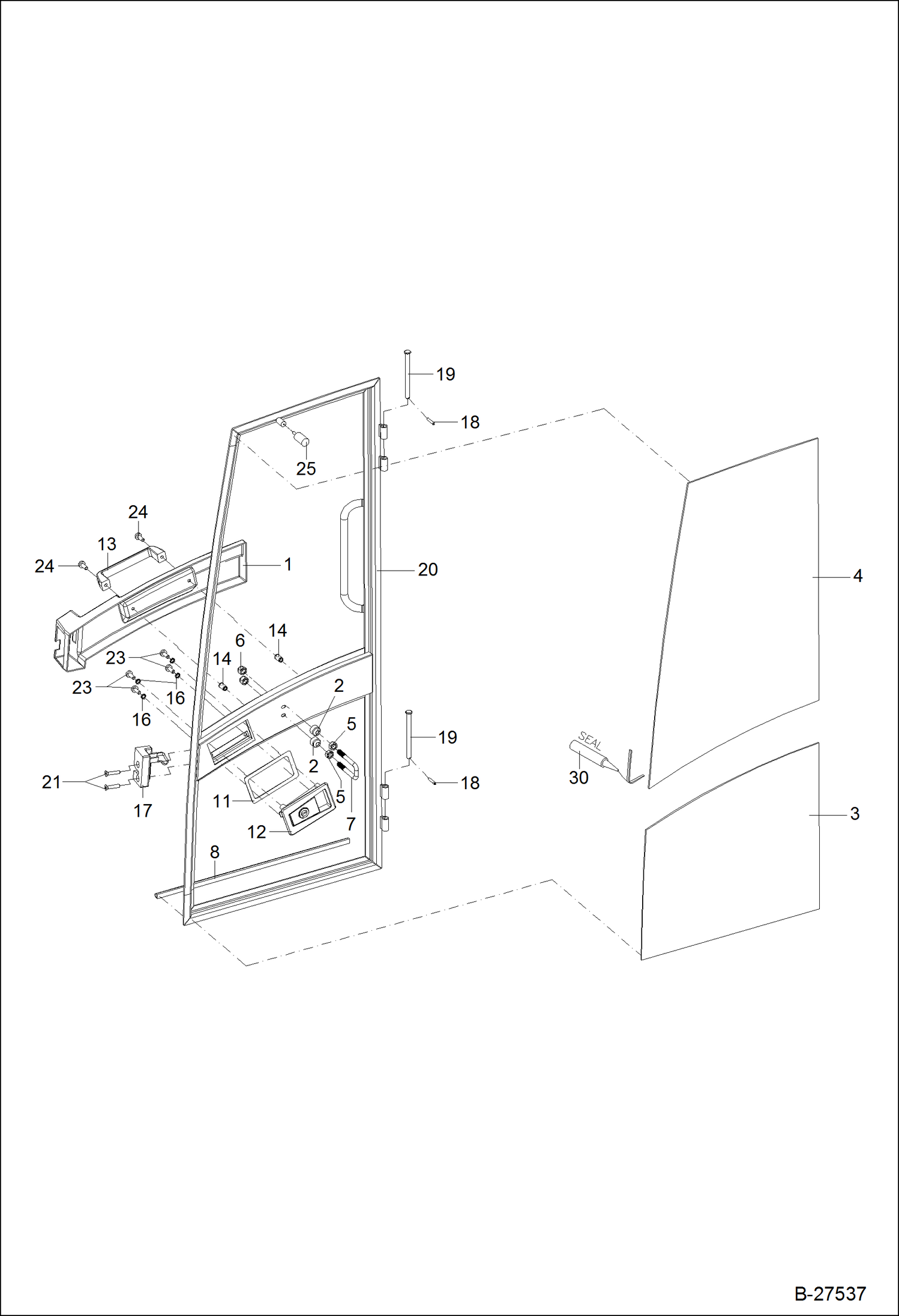 Схема запчастей Bobcat ZX125 - OPERATORS CAB Door Cab S/N.: 202.031.069 & Bel MAIN FRAME