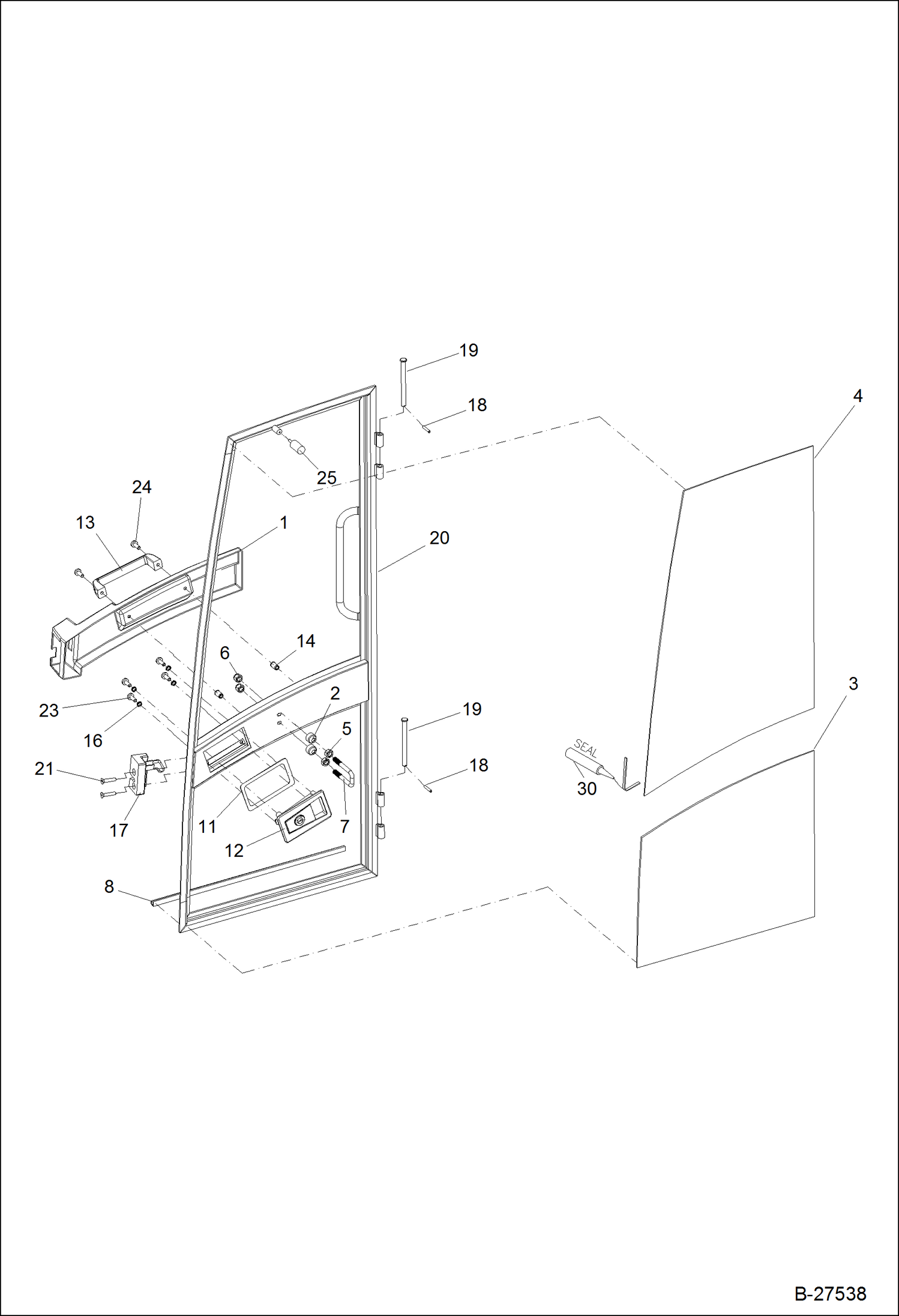 Схема запчастей Bobcat ZX125 - OPERATORS CAB Door Cab S/N.: 202.031.070 & Abv MAIN FRAME