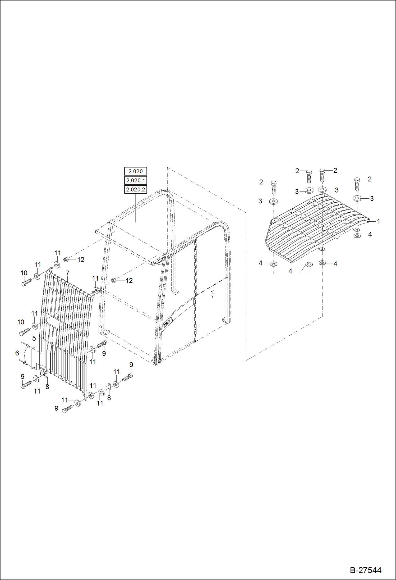 Схема запчастей Bobcat ZX125 - OPERATORS CAB Protection Grid MAIN FRAME