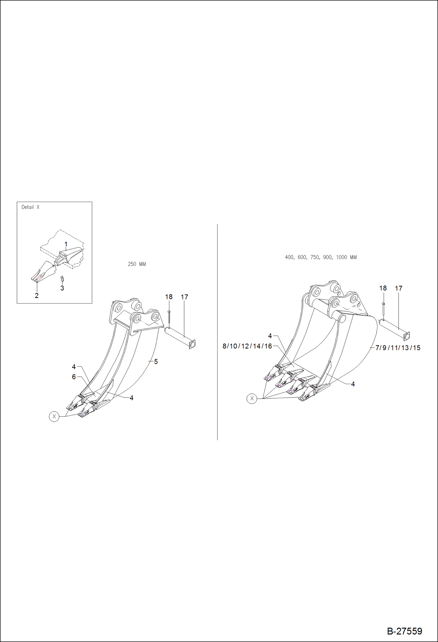 Схема запчастей Bobcat ZX125 - BUCKET 250,400,600,750,900,1000 MM DIRECT MOUNTED ACCESSORIES & OPTIONS