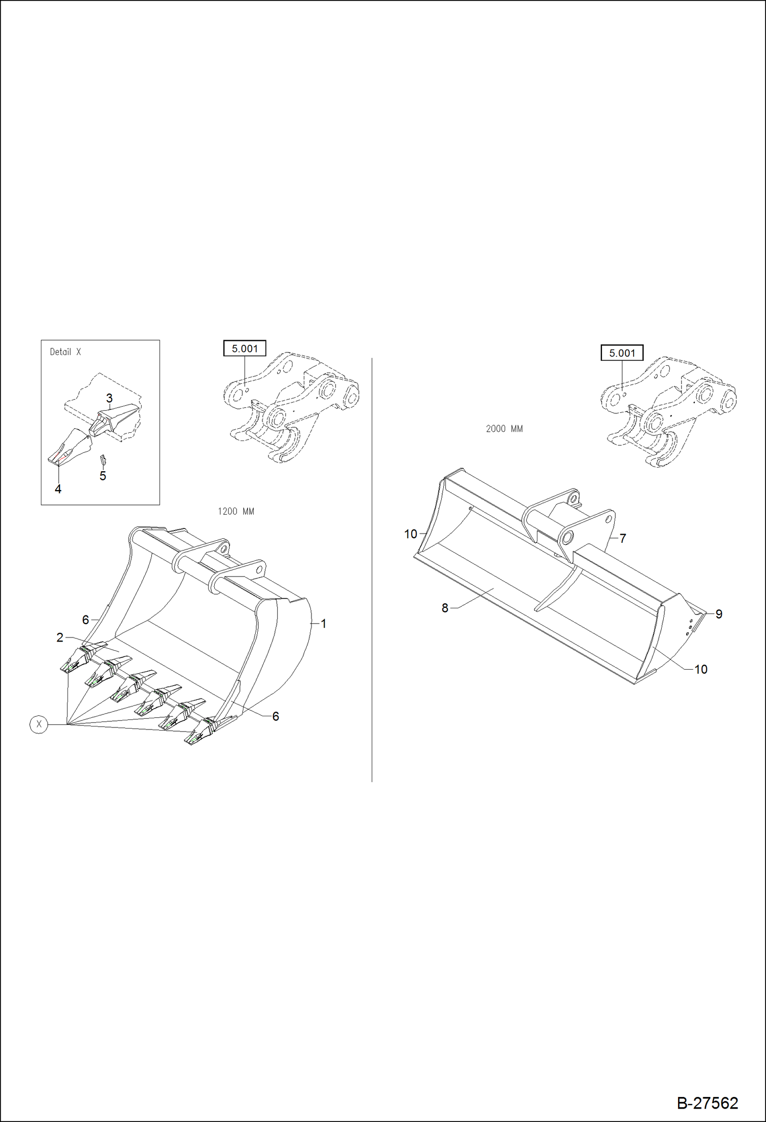 Схема запчастей Bobcat ZX125 - LIGHT MATERIAL BUCKET 1200MM - DITCH CLEAN BUCKET QUICKLY RELEASABLE ACCESSORIES & OPTIONS