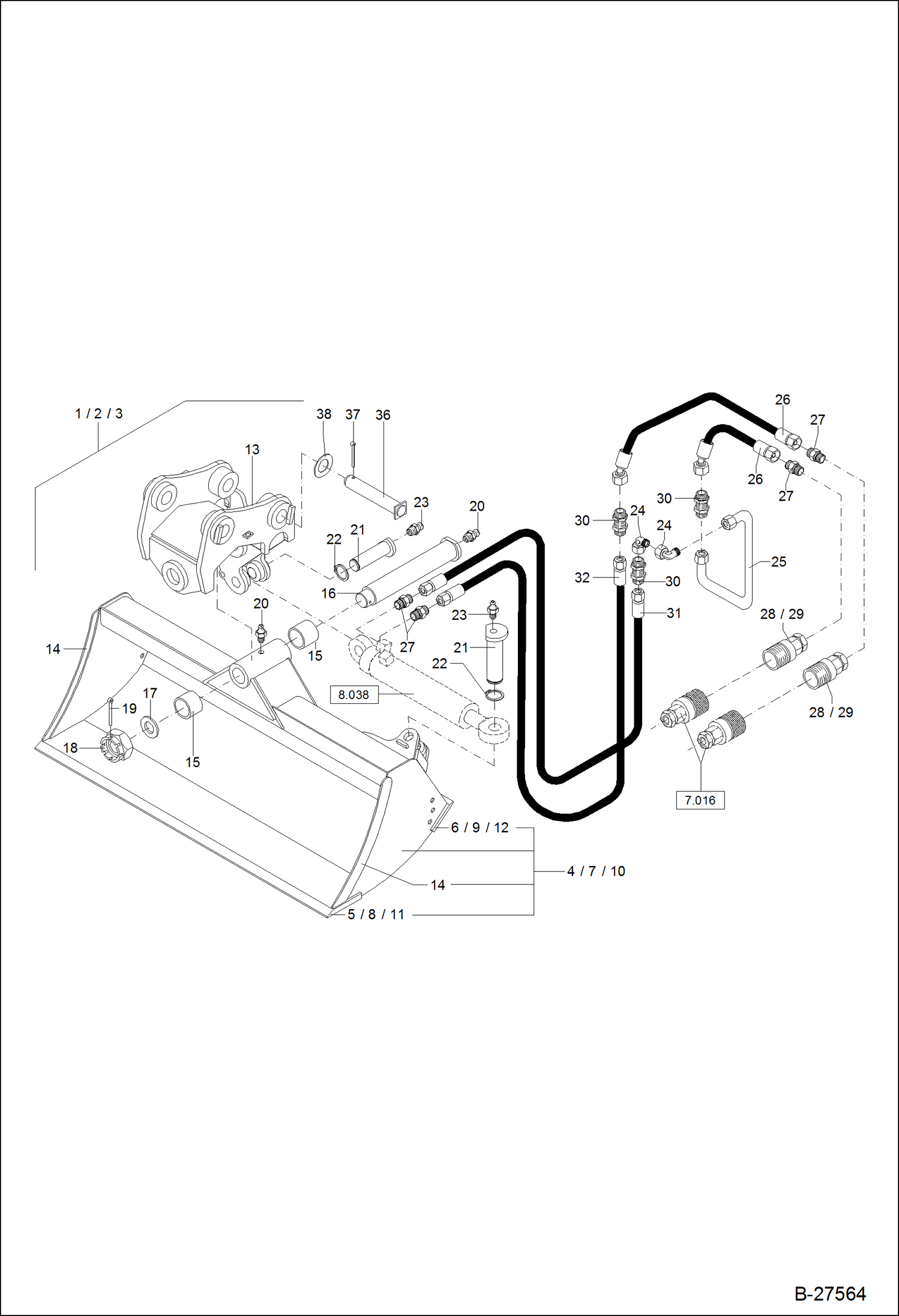 Схема запчастей Bobcat ZX125 - SWIVELLING BUCKET - 1500,1700,1800MM DIRECT MOUNTED ACCESSORIES & OPTIONS