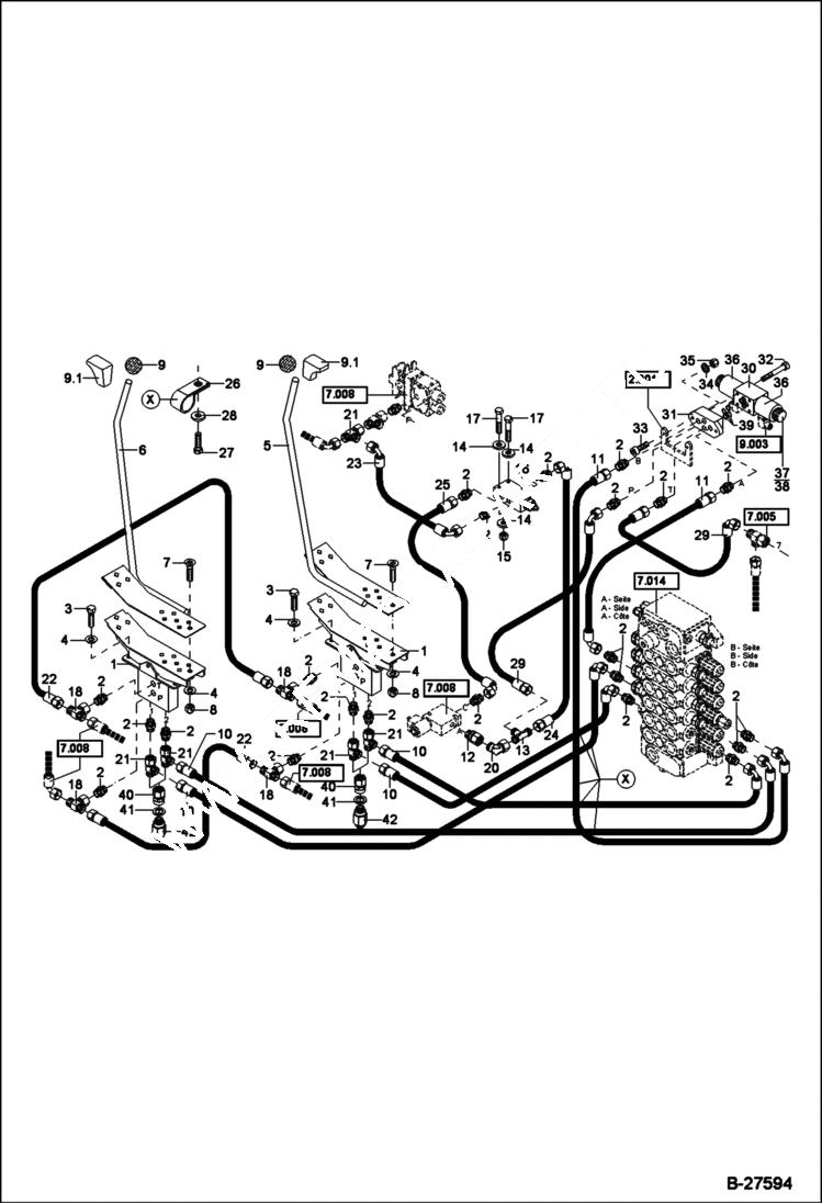 Схема запчастей Bobcat ZX125 - HYDRAULIC INSTALLATION PILOT CONTROL - TRAVEL, ADDITIONAL OUTLET HYDRAULIC SYSTEM