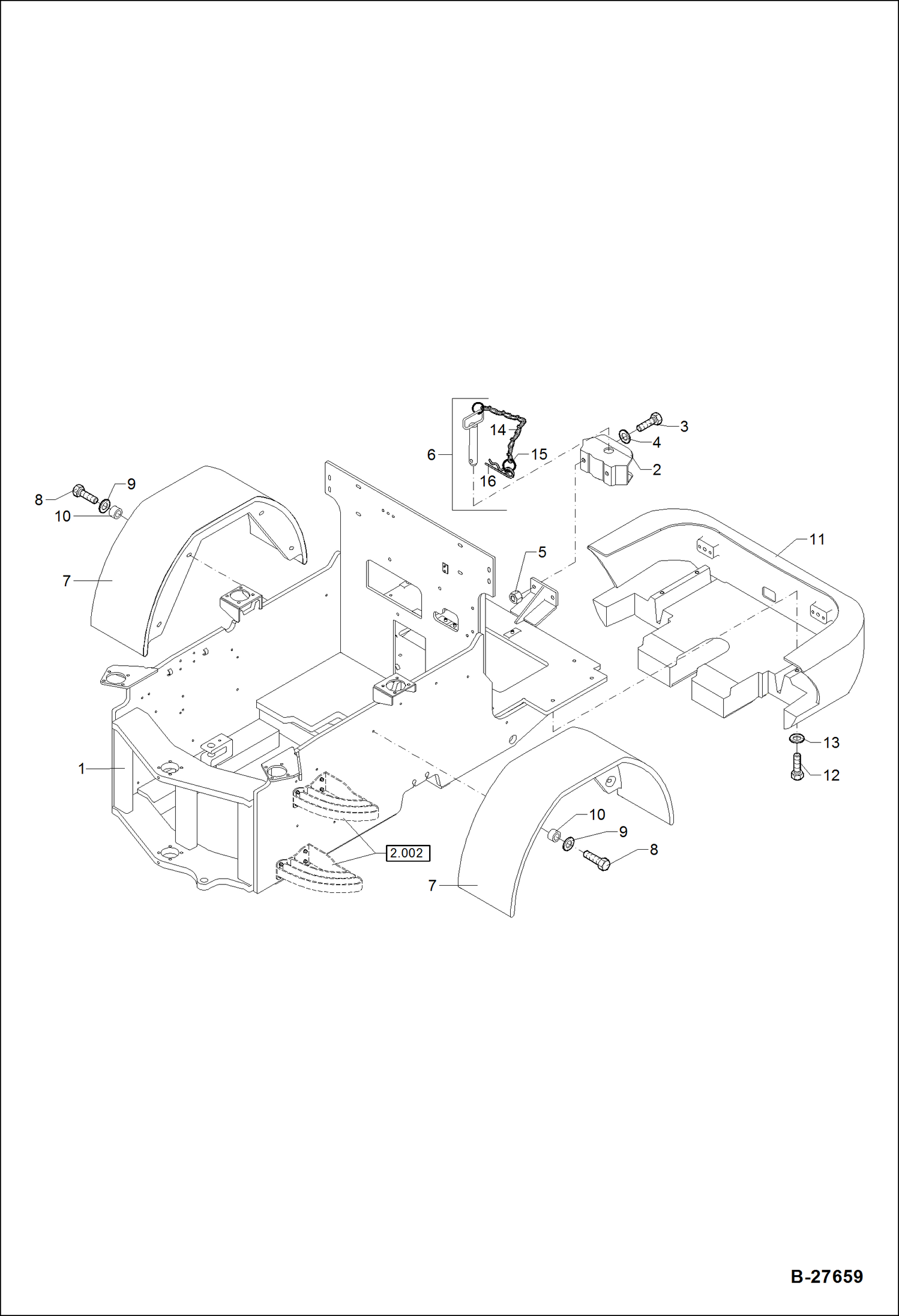 Схема запчастей Bobcat WL350 - REAR CHASSIS, MUD GUARD MAIN FRAME