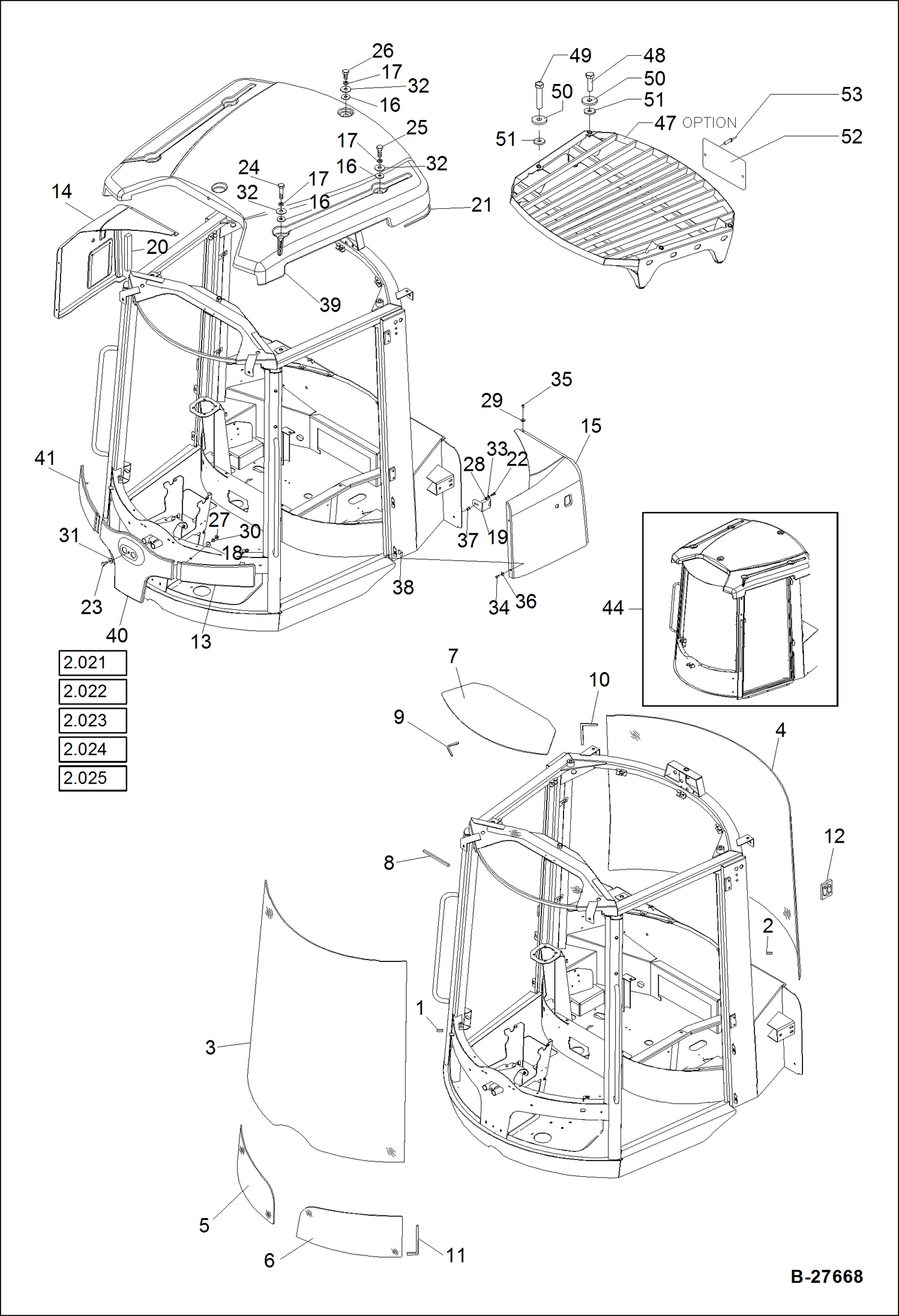 Схема запчастей Bobcat WL350 - OPERATOR CAB-GLASSES MAIN FRAME