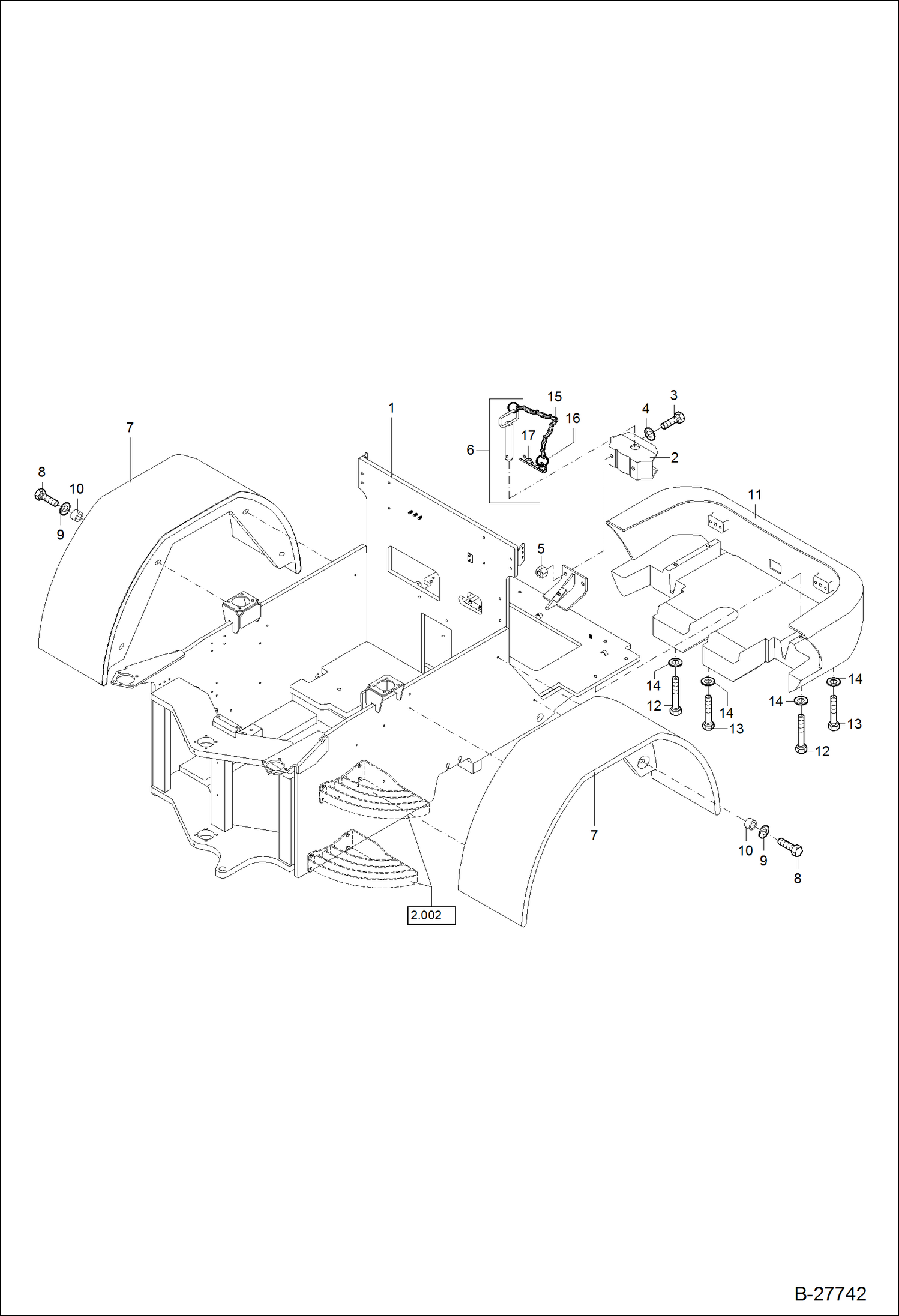 Схема запчастей Bobcat WL440 - REAR CHASSIS, MUD GUARD MAIN FRAME