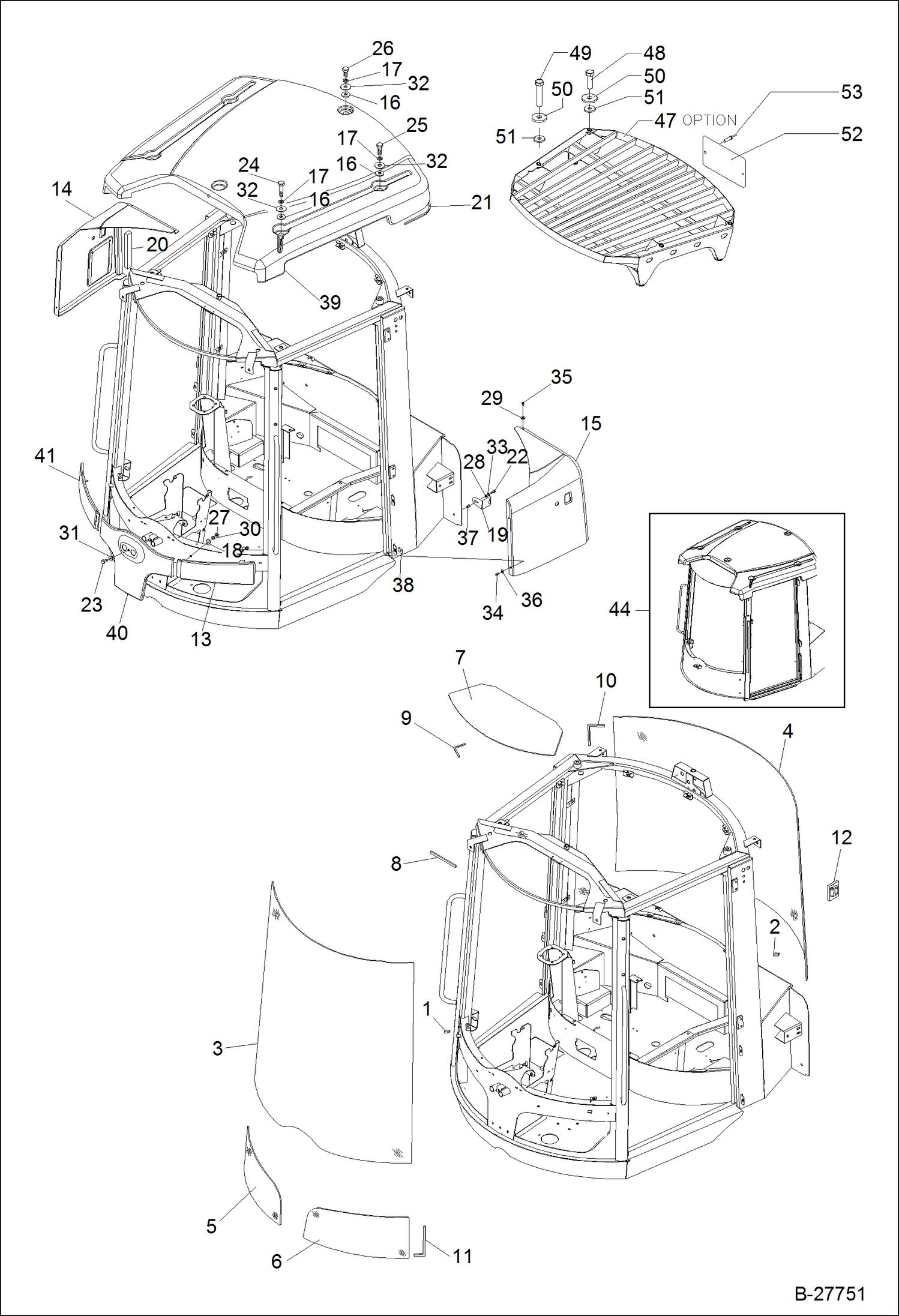 Схема запчастей Bobcat WL440 - OPERATOR CAB-GLASSES MAIN FRAME