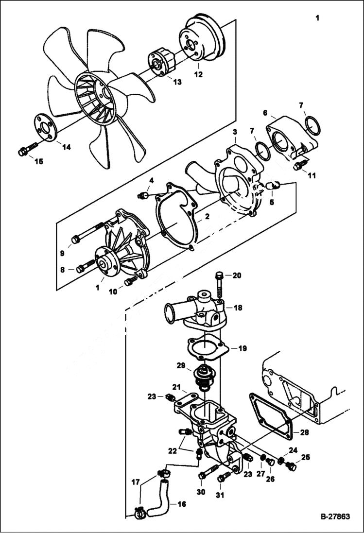 Схема запчастей Bobcat WL440 - WATER PUMP & THERMOSTAT (Kubota) POWER UNIT