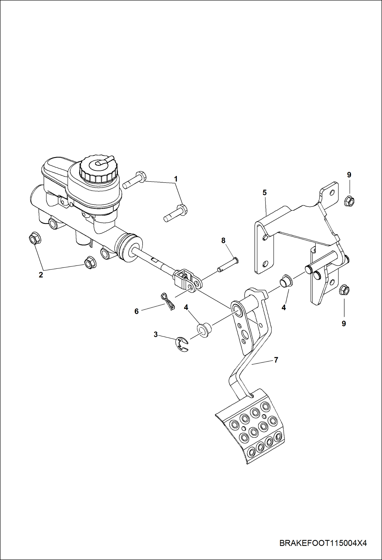 Схема запчастей Bobcat 3200 - BRAKES, PEDAL & MASTER CYLINDER MOUNTING STEERING & SUSPENSION