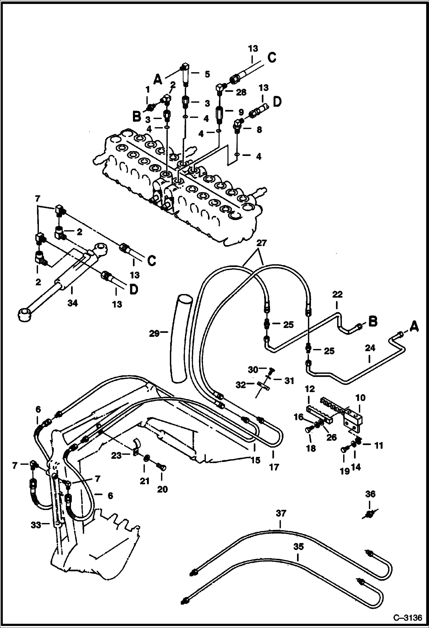 Схема запчастей Bobcat 220 - HYDRAULIC CIRCUITRY (Valve to Bucket & Swing Cylinders) (W/O Swing Cylinder Lock Valve) HYDRAULIC SYSTEM