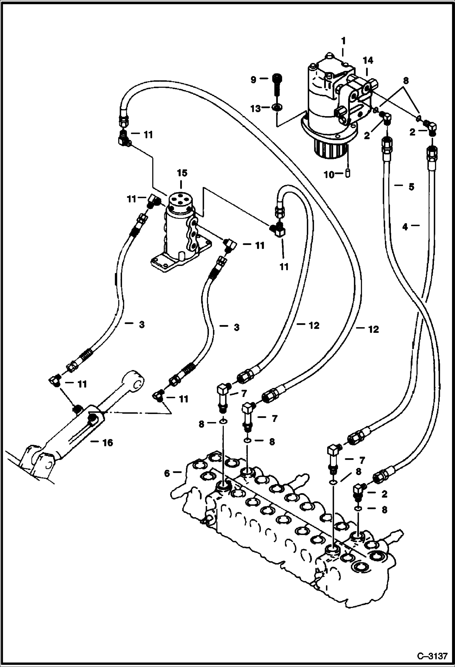 Схема запчастей Bobcat 220 - HYDRAULIC CIRCUITRY (Valve to Blade Cylinder & Swing Motor) HYDRAULIC SYSTEM