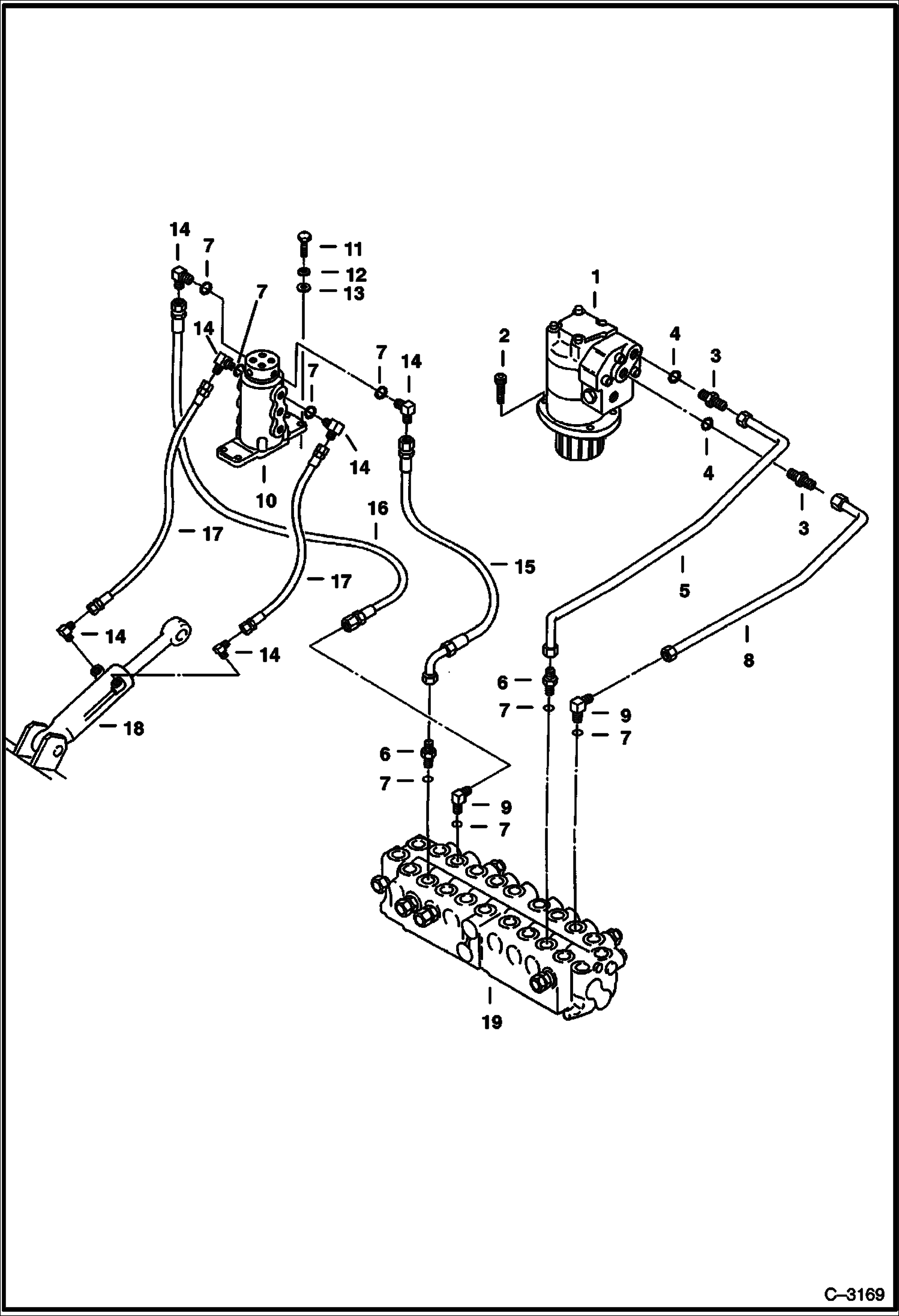 Схема запчастей Bobcat 220 - HYDRAULIC CIRCUITRY Valve to Blade Cylinder & Swing Motor HYDRAULIC SYSTEM