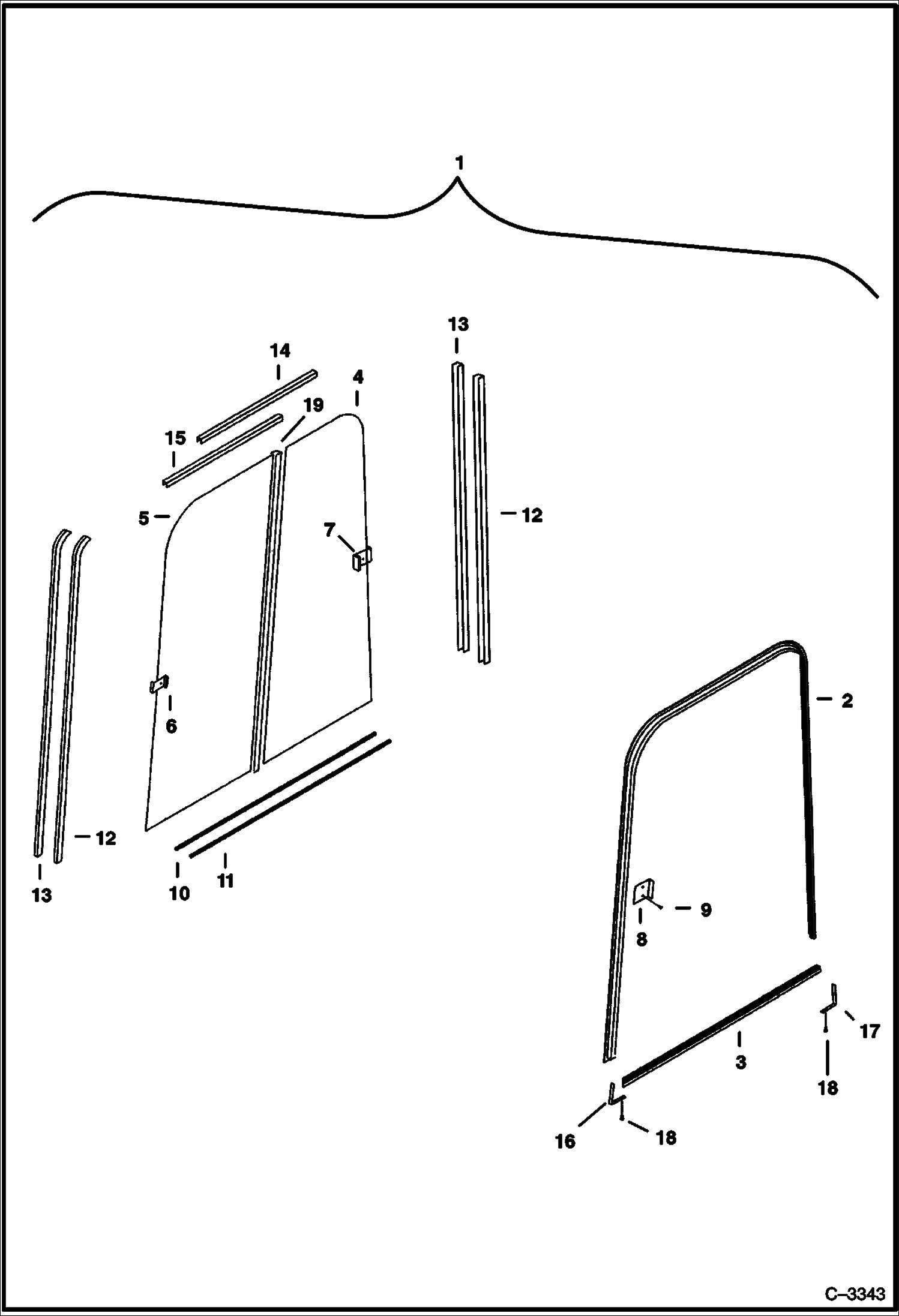 Схема запчастей Bobcat 325 - OPERATOR CAB (RH Window) (2 Piece Glass) MAIN FRAME