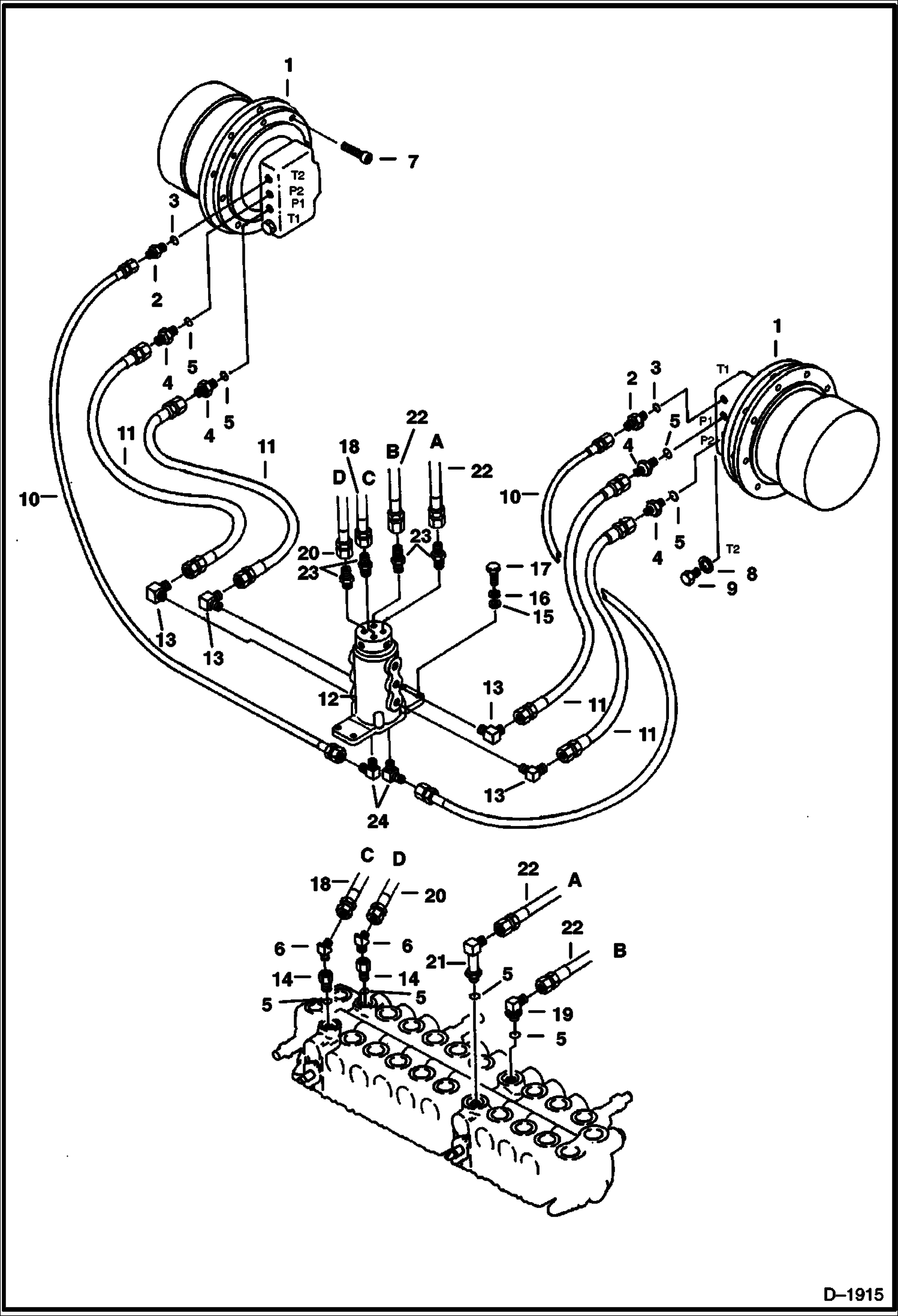 Схема запчастей Bobcat 220 - HYDRAULIC CIRCUITRY (Valve to Travel Motors) HYDRAULIC SYSTEM