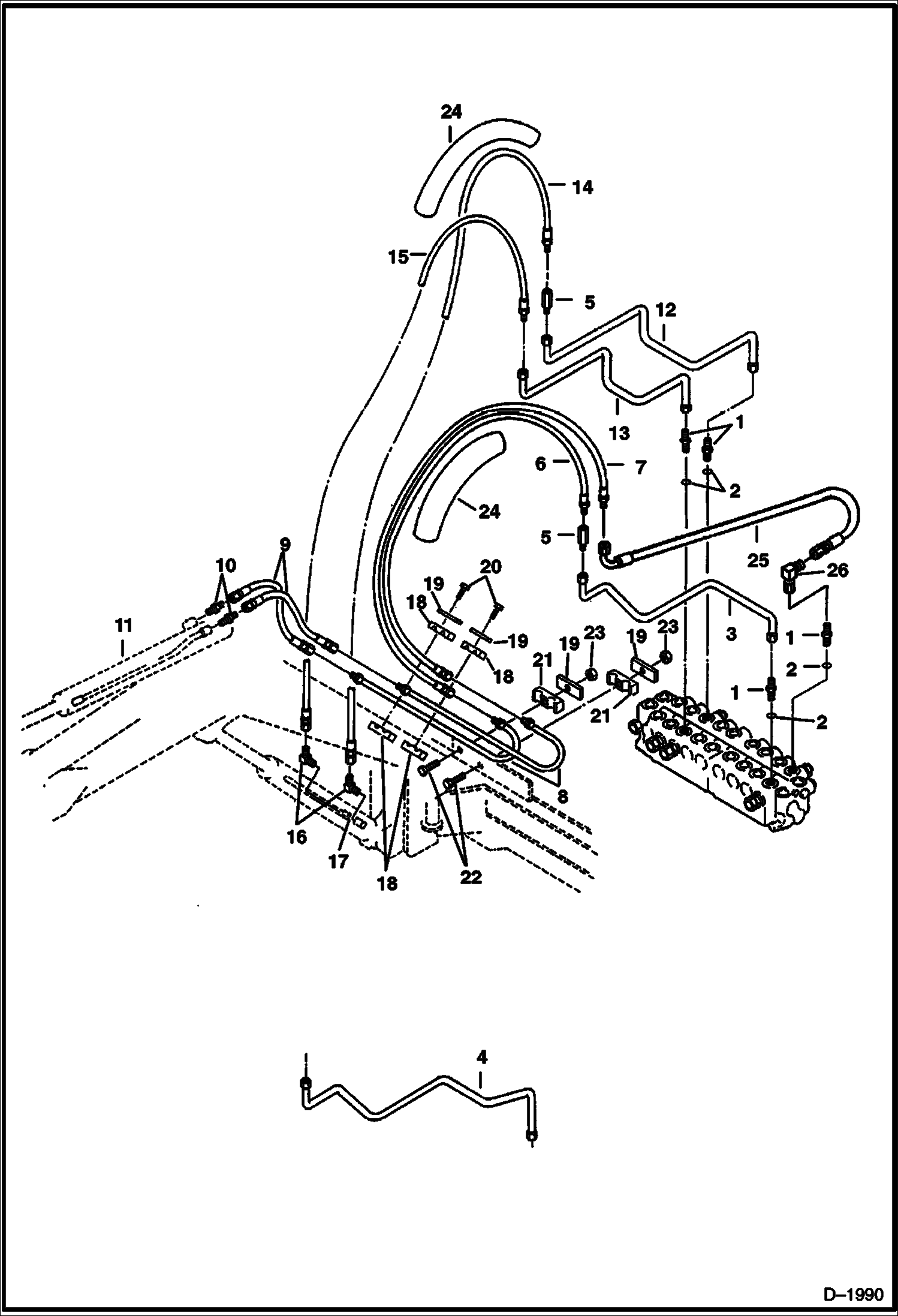 Схема запчастей Bobcat 220 - HYDRAULIC CIRCUITRY Valve to Arm & Boom Cylinder HYDRAULIC SYSTEM