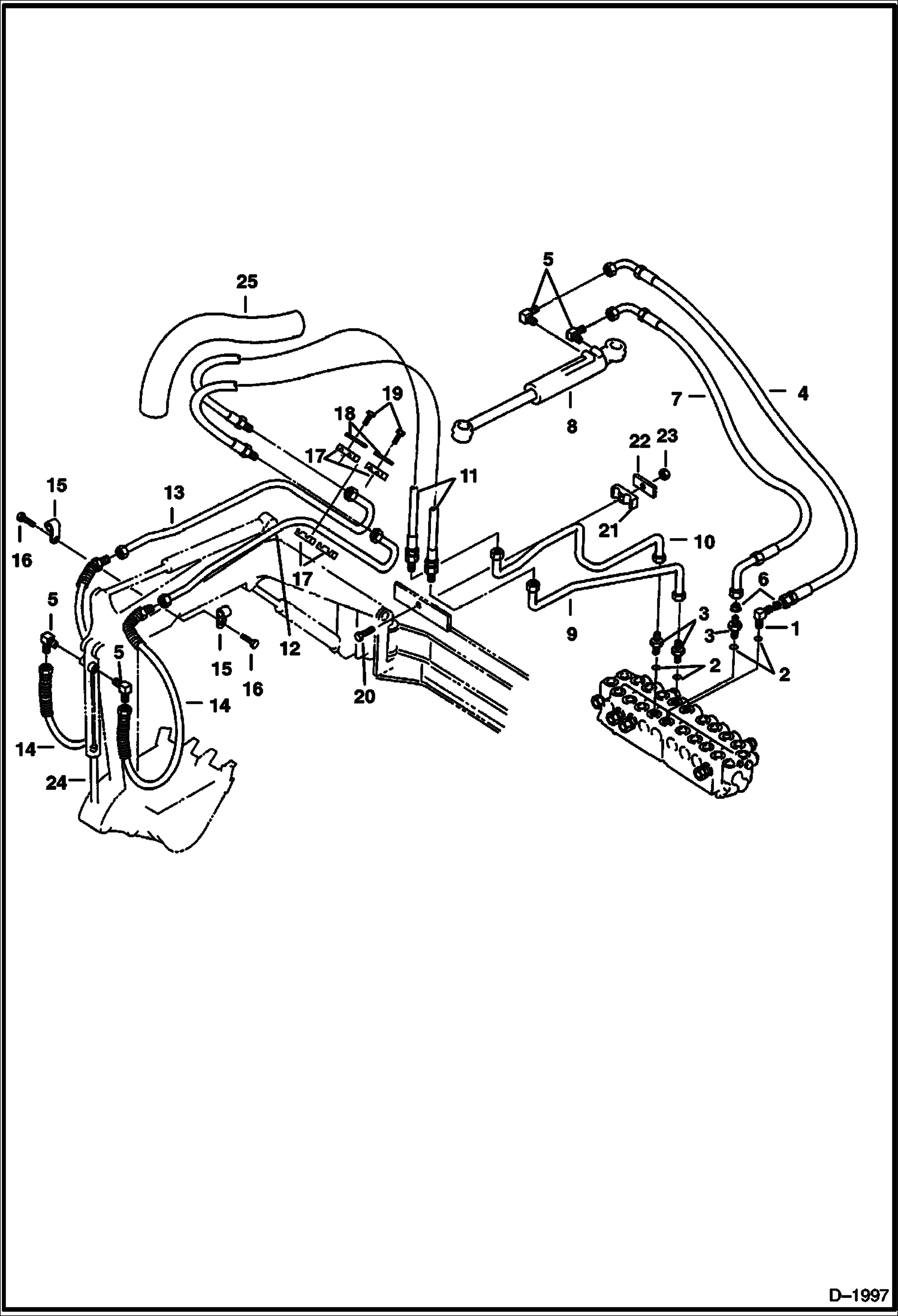 Схема запчастей Bobcat 220 - HYDRAULIC CIRCUITRY Valve to Bucket & Boom Swing - W/O Swing Cylinder Lock Valve HYDRAULIC SYSTEM