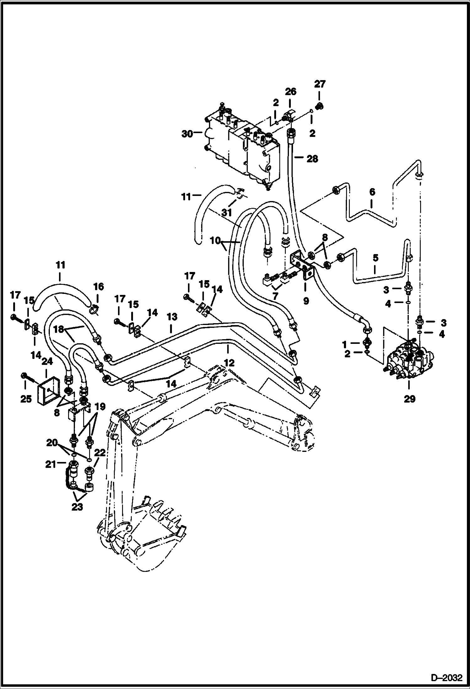 Схема запчастей Bobcat 220 - HYDRAULIC CIRCUITRY (Valve to Auxiliary) (ISO Control Pattern) HYDRAULIC SYSTEM