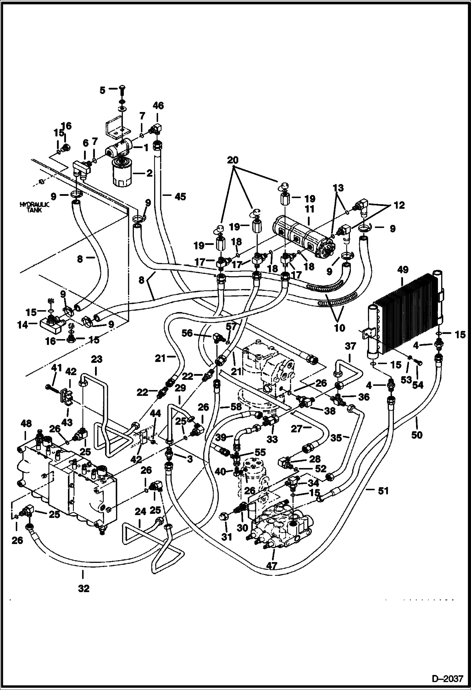 Схема запчастей Bobcat 220 - HYDRAULIC CIRCUITRY (Tank to Pump to Valves) (Standard Control Pattern) HYDRAULIC SYSTEM