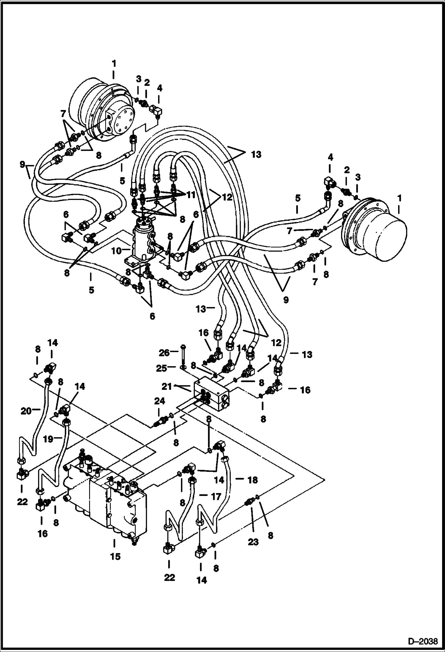 Схема запчастей Bobcat 220 - HYDRAULIC CIRCUITRY (Valve to Travel Motors) (W/O Brake) (S/N 508212001-12285) HYDRAULIC SYSTEM