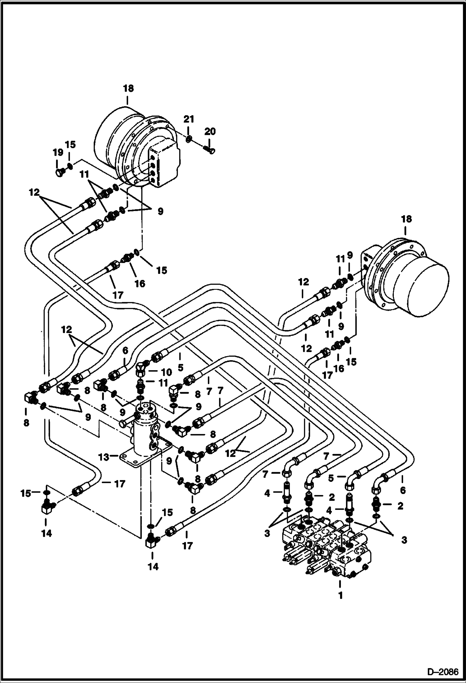 Схема запчастей Bobcat 225 - HYDRAULIC CIRCUITRY Valve to Swivel Joint to Travel Motor HYDRAULIC SYSTEM