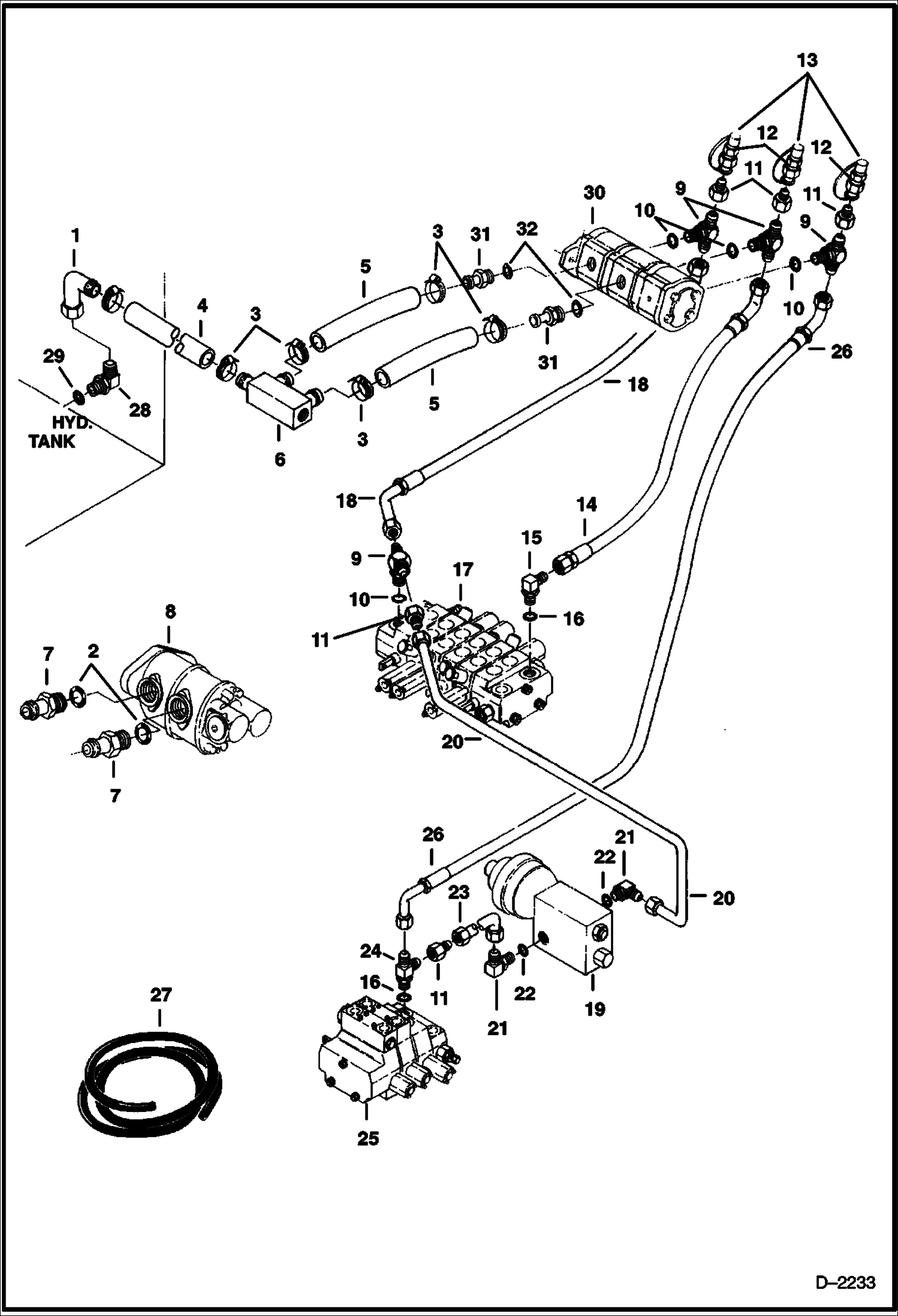 Схема запчастей Bobcat 325 - HYDRAULIC CIRCUITRY (Tank to Pump to Valves) (S/N 511820001-511820178) HYDRAULIC SYSTEM