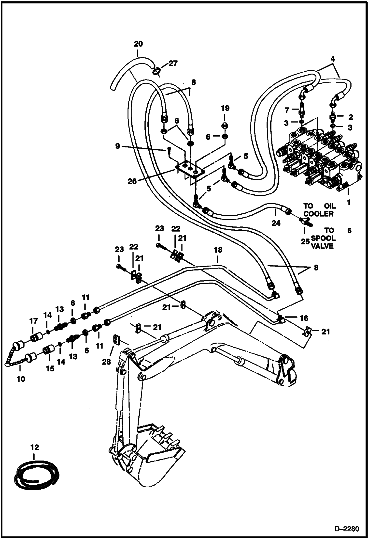 Схема запчастей Bobcat 325 - HYDRAULIC CIRCUITRY (Valve to Auxiliary) (S/N 511820520 & Above) HYDRAULIC SYSTEM