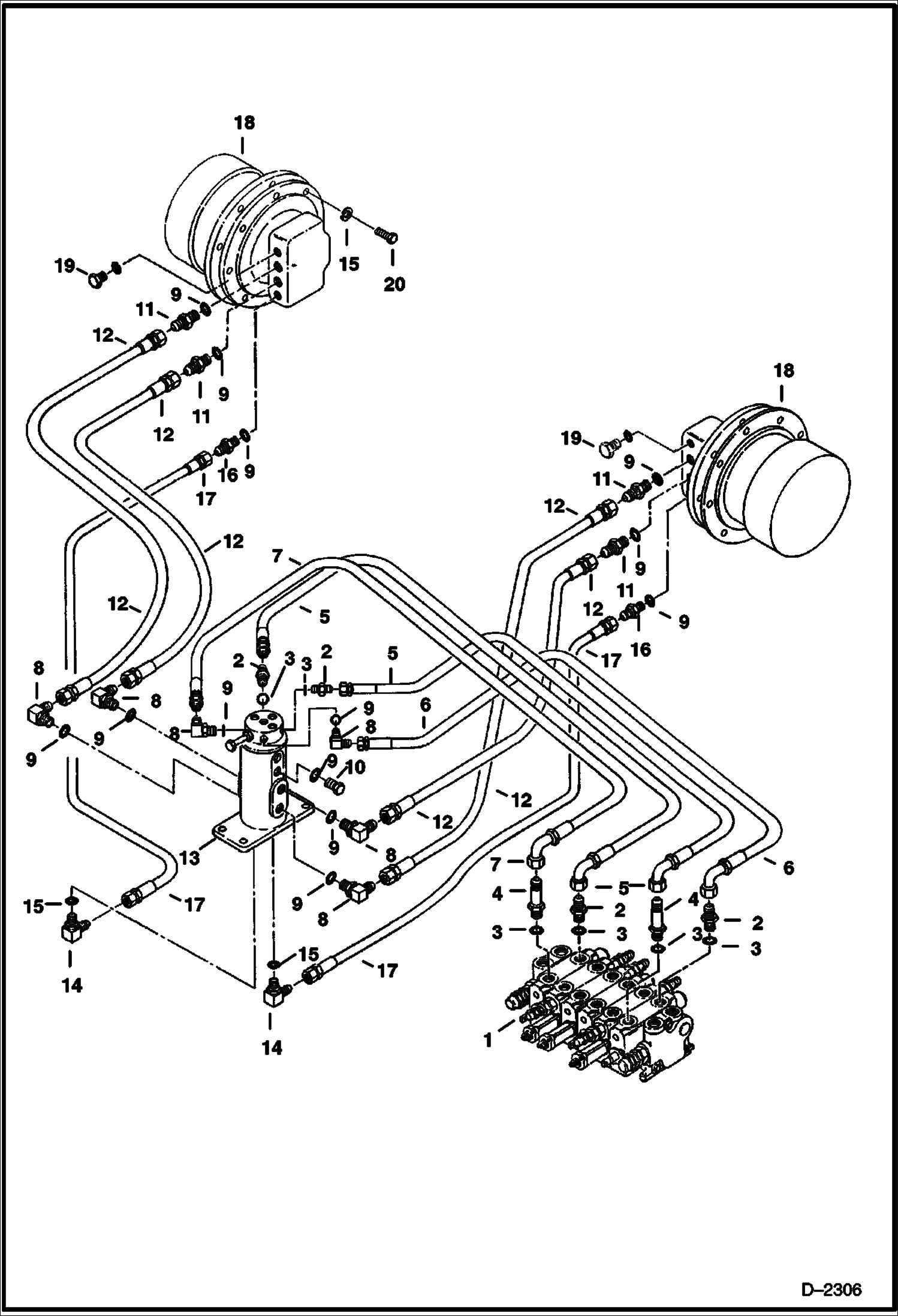 Схема запчастей Bobcat 325 - HYDRAULIC CIRCUITRY (Valve to Swivel Joint to Travel Motor) HYDRAULIC SYSTEM