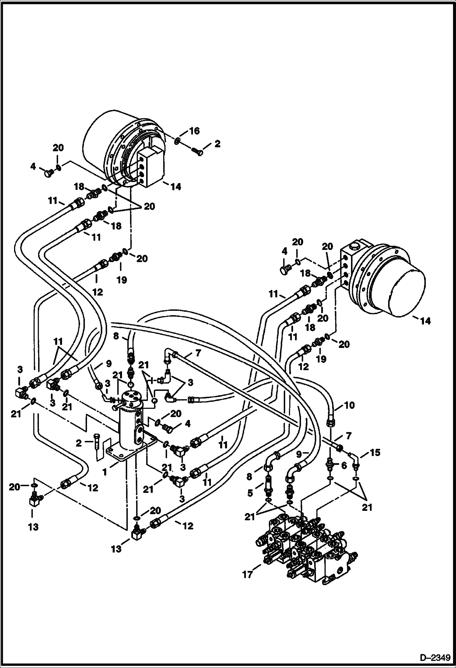 Схема запчастей Bobcat 328 - HYDRAULIC CIRCUITRY (Valve to Swivel Joint to Travel Motor) (S/N 514013001-514014899) HYDRAULIC SYSTEM