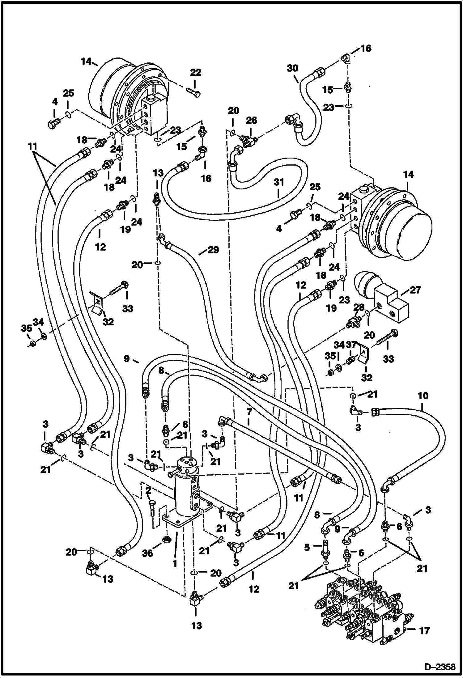 Схема запчастей Bobcat 331 - HYDRAULIC CIRCUITRY (Valve to Swivel Joint to Travel Motor) (S/N 512913001 & Above, 516711001 & Above and 517711001 & Above) HYDRAULIC SYSTEM