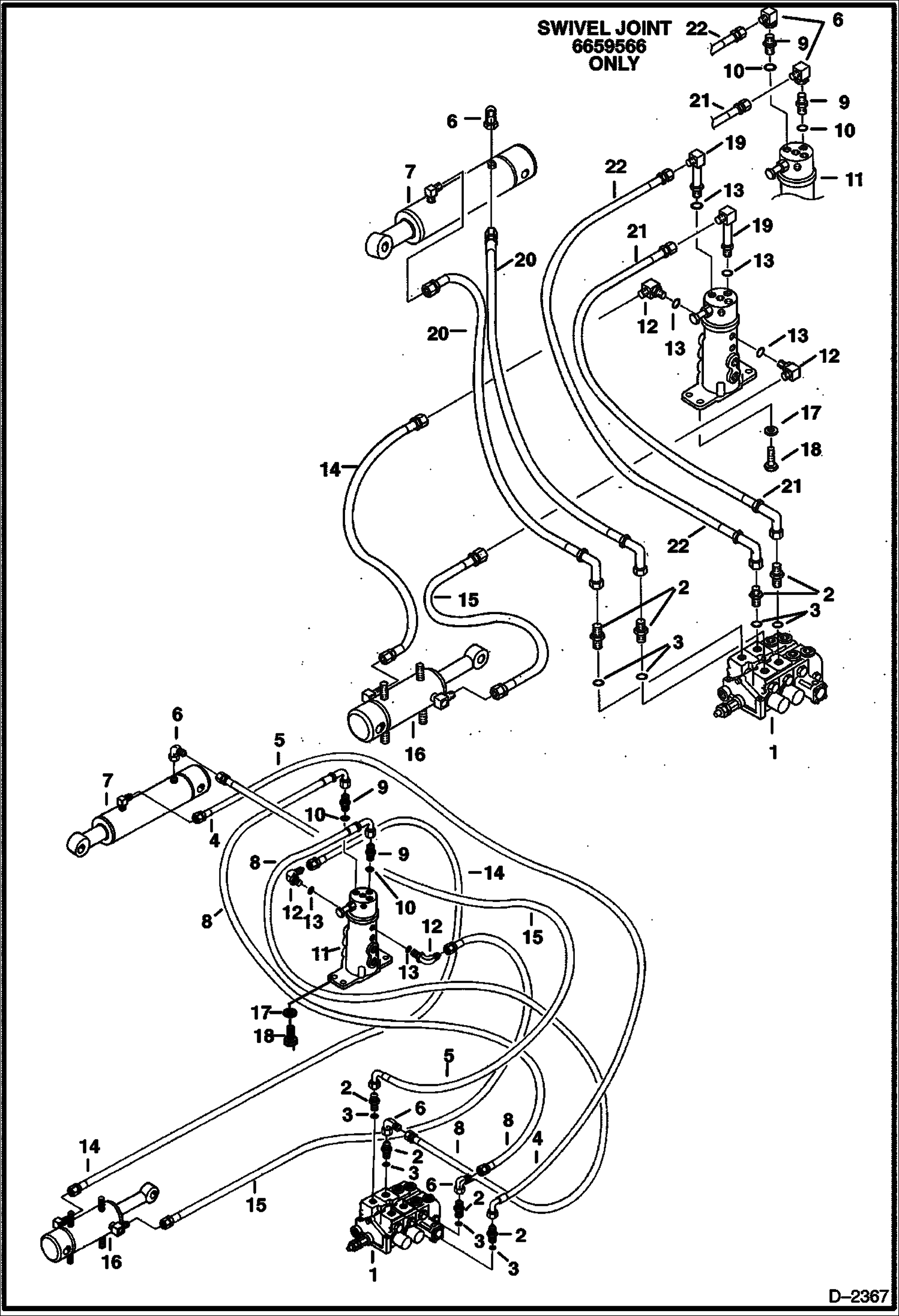 Схема запчастей Bobcat 231 - HYDRUALIC CIRCUITRY (Valve to Blade Cylinder to Swing Cylinder) HYDRAULIC SYSTEM