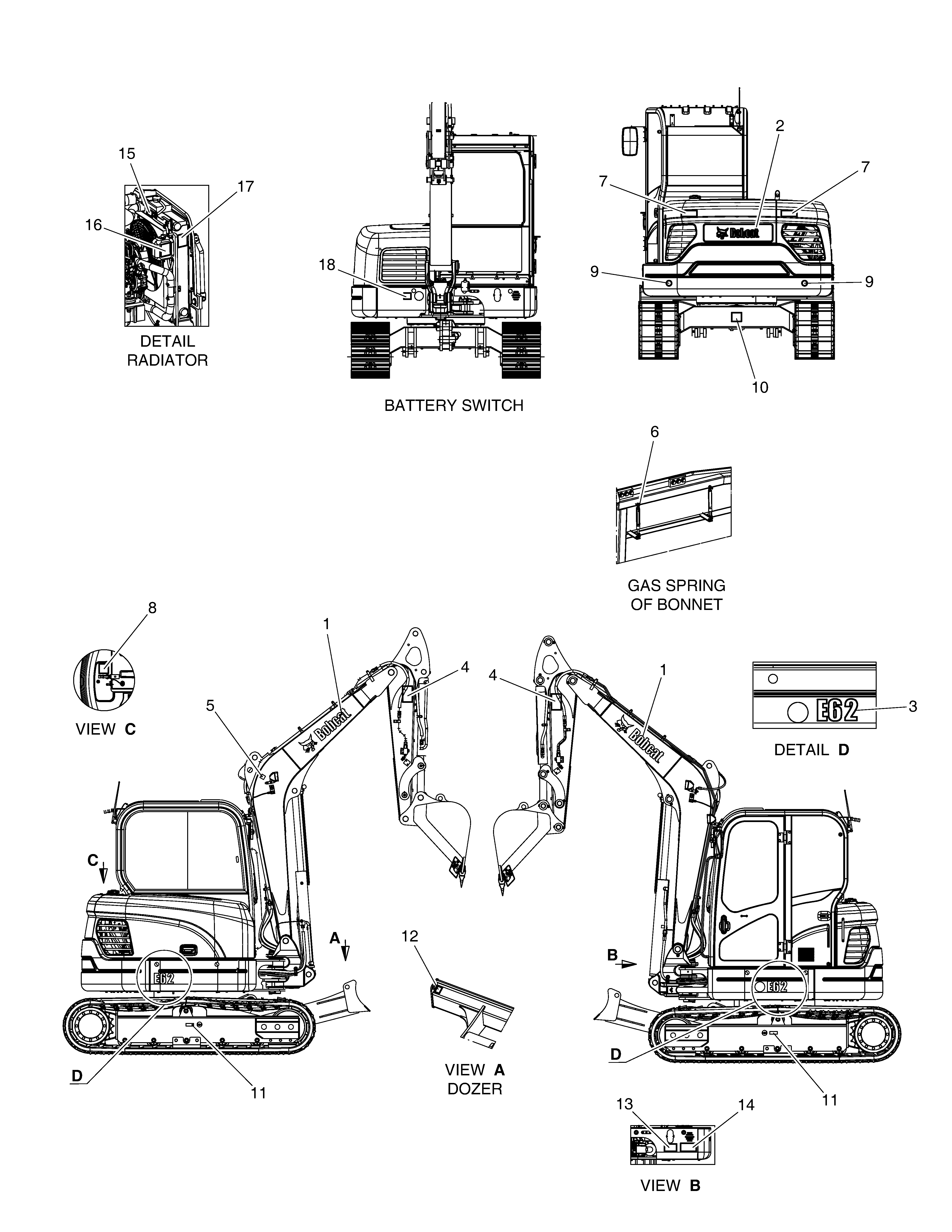 Схема запчастей Bobcat E62 - DECALS ACCESSORIES & OPTIONS