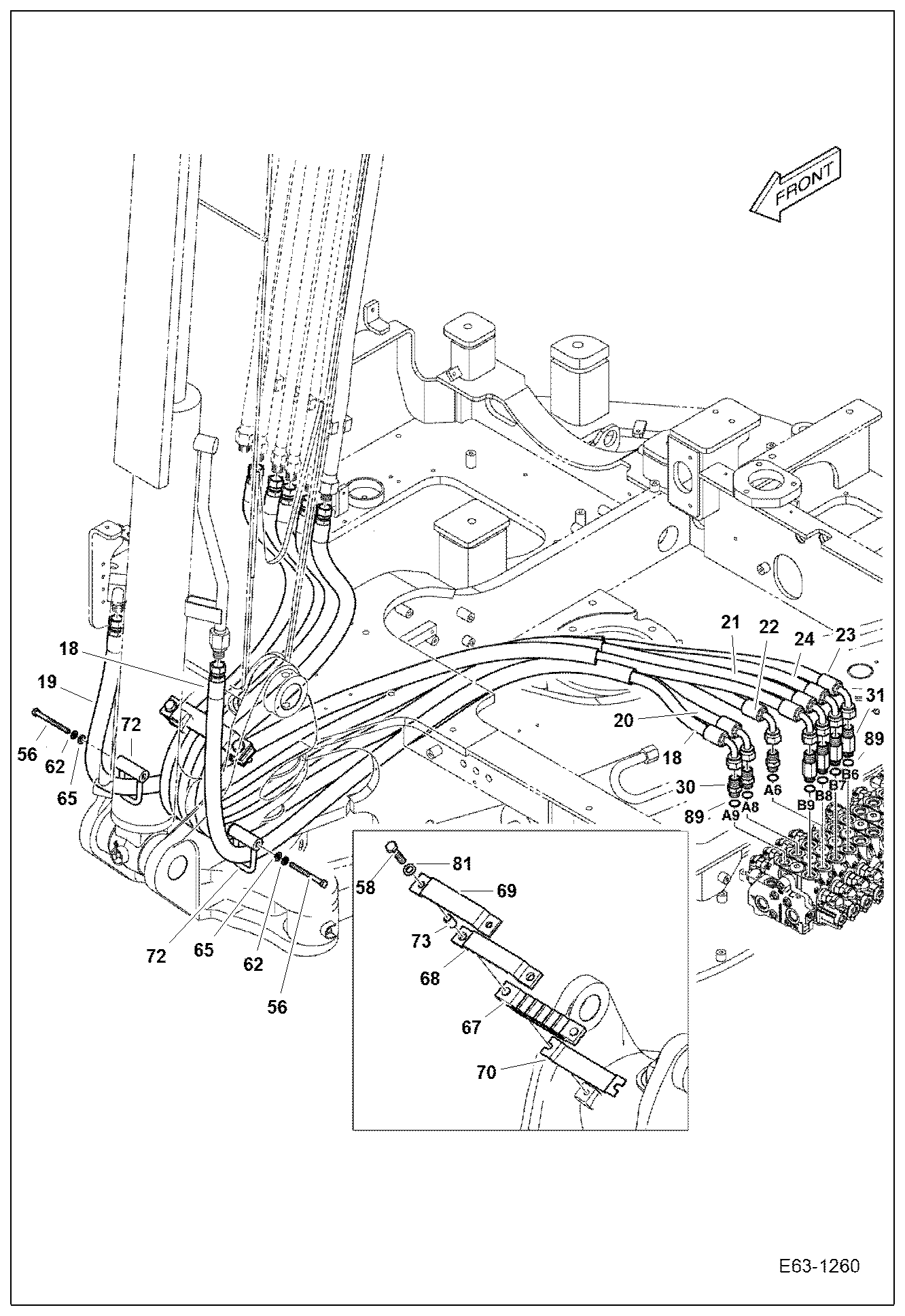 Схема запчастей Bobcat E63 - HYDRAULIC CIRCUITRY (Work Hoses & Control Valve) HYDRAULIC SYSTEM