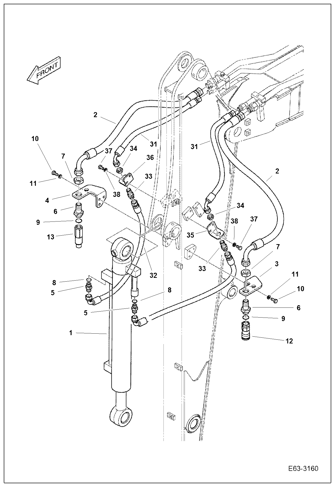 Схема запчастей Bobcat E62 - HYDRAULIC CIRCUITRY (Arm 1.9 m) HYDRAULIC SYSTEM