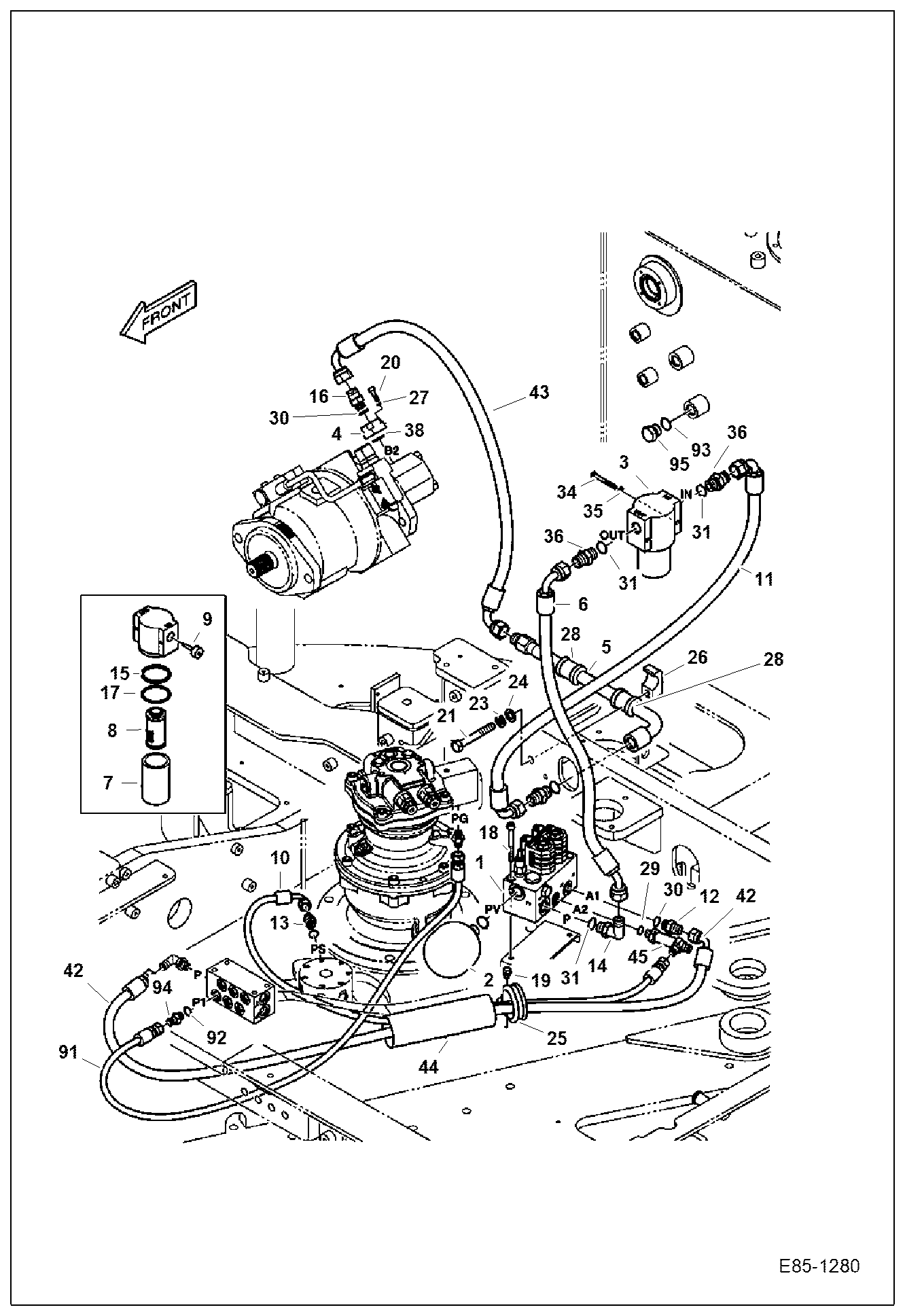 Схема запчастей Bobcat E85 - HYDRAULIC CIRCUITRY (Pump to Slew Motor) HYDRAULIC SYSTEM